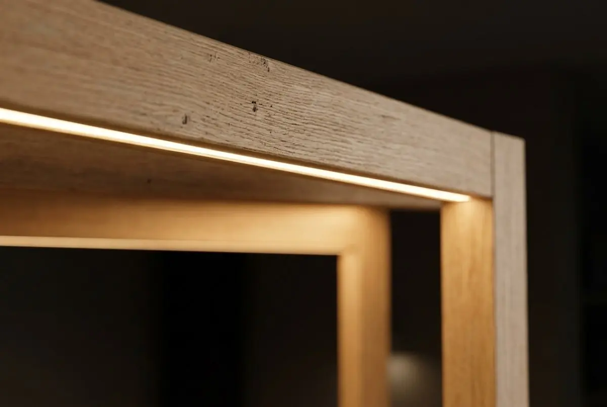 Corner Pod lit from inside, wood arms fanning from the corner column around a standing desk, monitor and chair