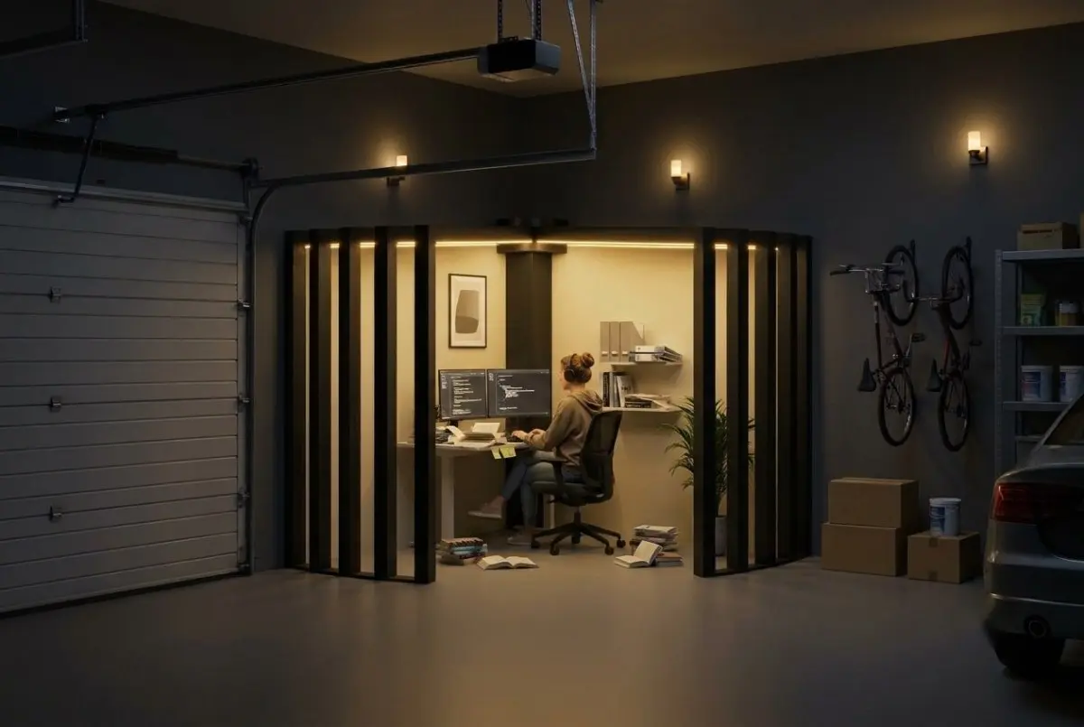 A developer coding late at night in a warmly lit Corner Pod, garage door and car in the background