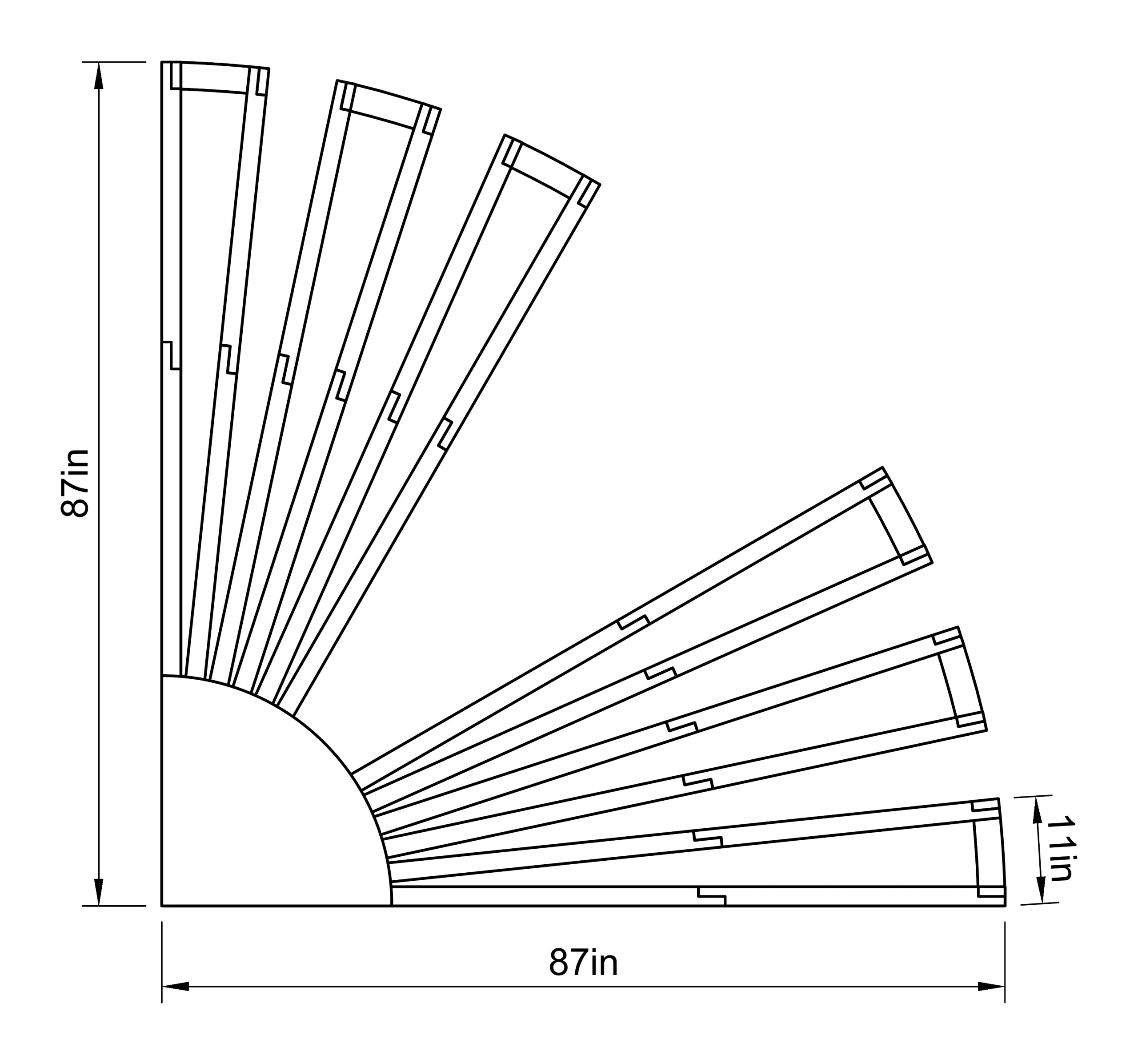 Elevation drawing of Corner Pod: ten wood posts on leveling feet, hinged rafters rising to a central column with a cap
