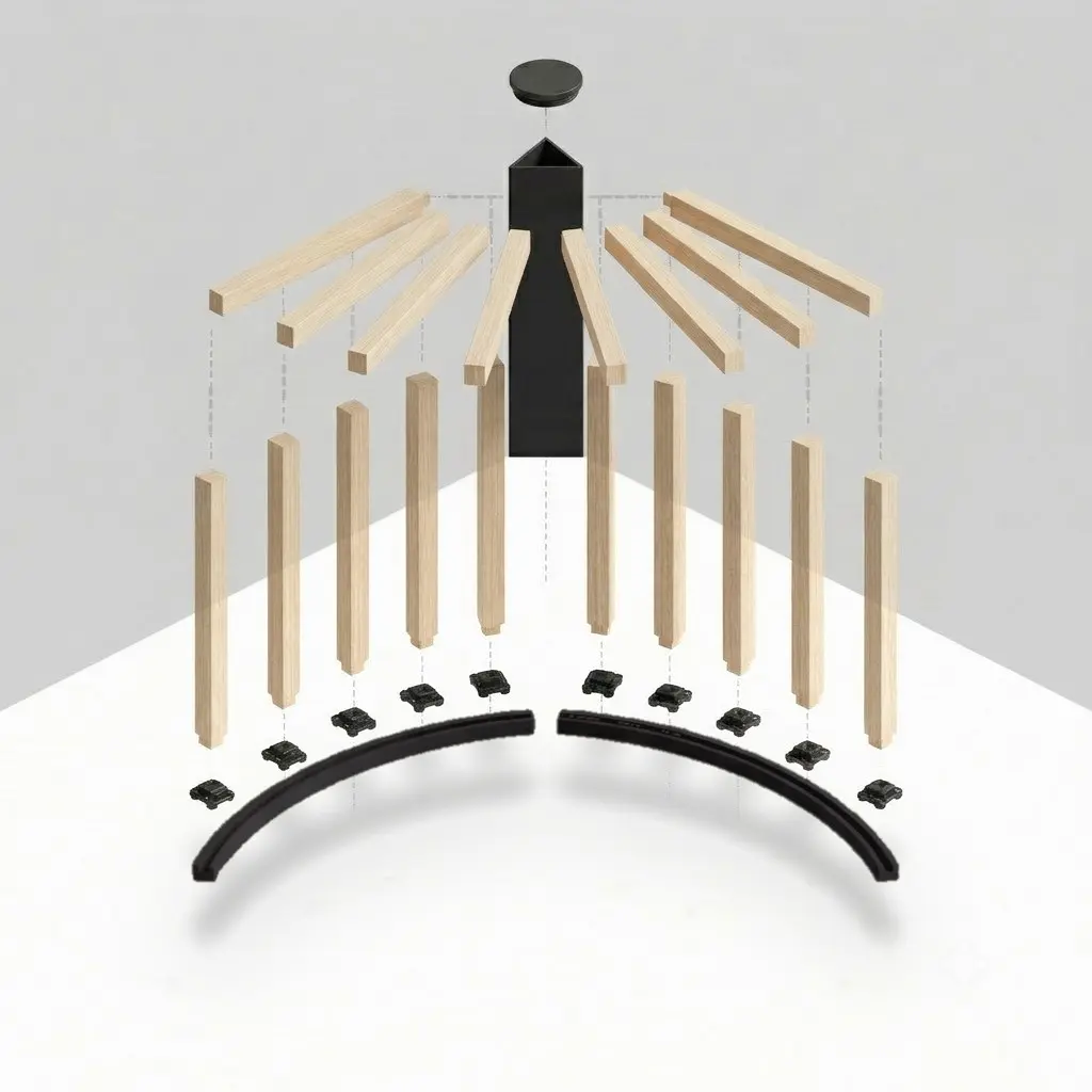 Exploded view of the Corner Pod kit: black column and cap, wood posts and rafters, black hinges and clips, two curved rail halves and leveling feet