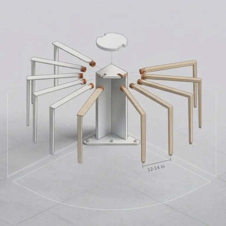 Exploded diagram of the Corner Pod: column sections, top hub and cap, bent arms, and a shelf board hung between two arms