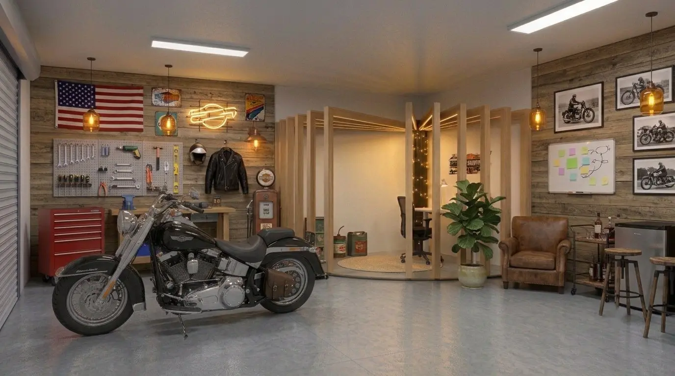 Wide view of a tidy garage with a small SUV, pegboard and grey shelves, and Corner Pod in the back corner