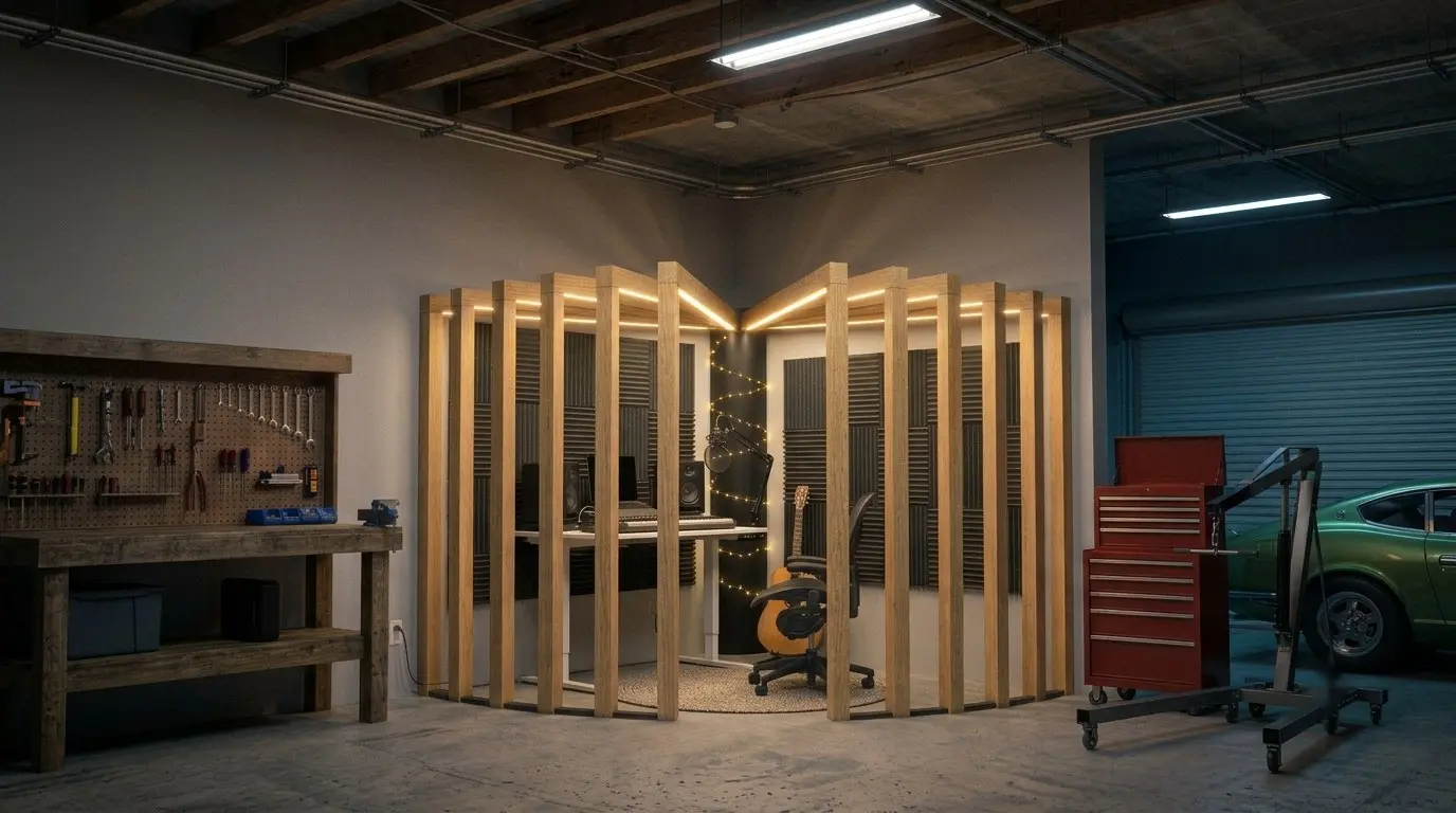 Corner Pod at night in a garage with a workbench, tire rack, red tool chest and a car, lit only by the pod, with a music setup on the desk