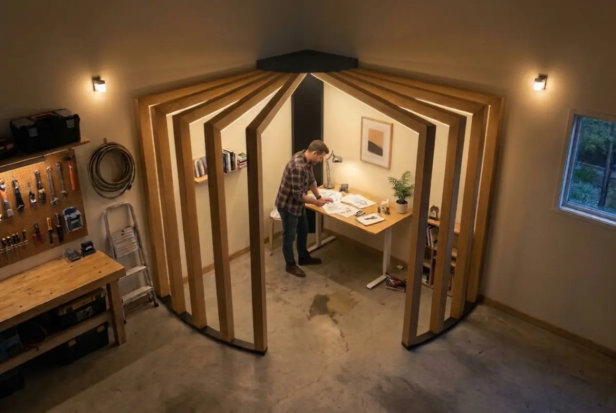 A maker sketching designs at a desk inside a Corner Pod, seen from above in a garage corner