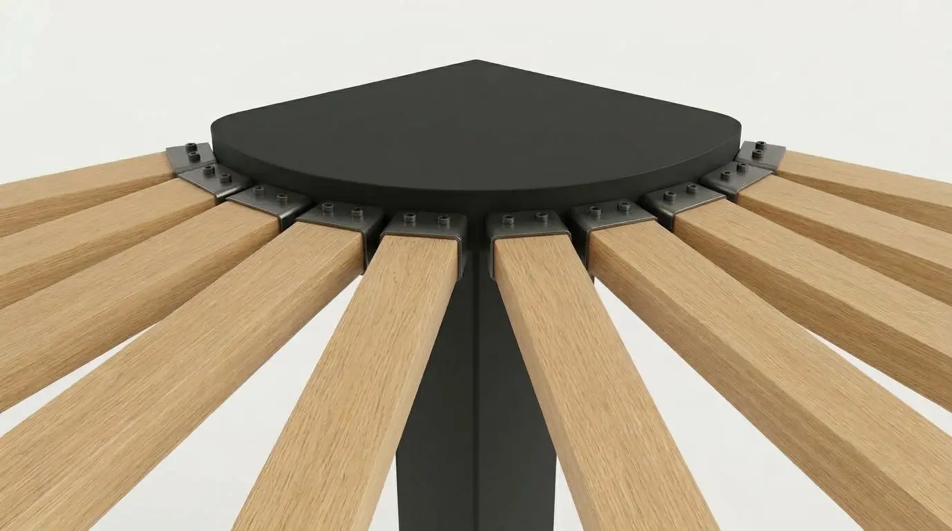 Close-up of the black steel hub at the top of the column, with wood arms fixed by black brackets