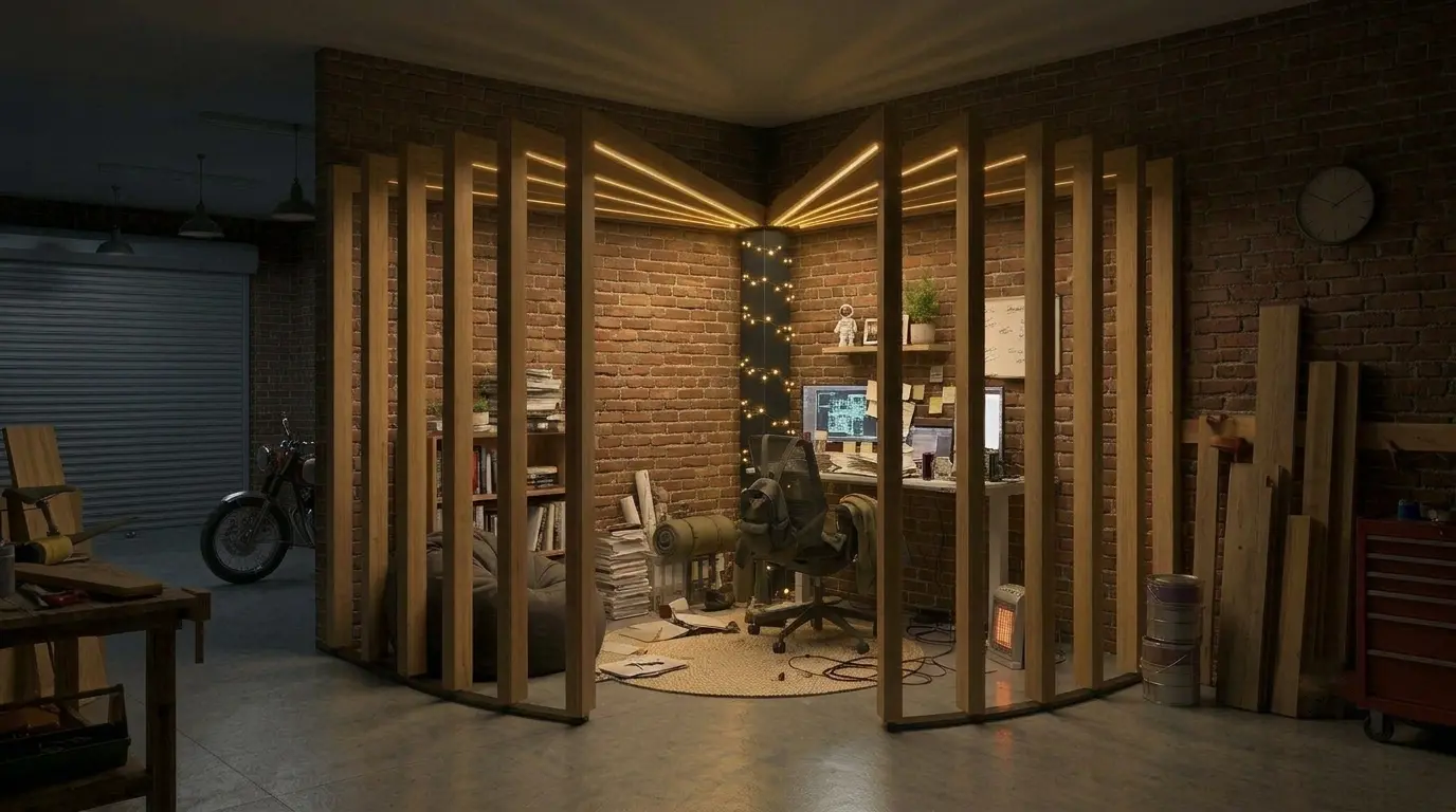 Corner Pod in a brick workshop garage at night, with a motorcycle, workbench and stacked lumber, and a messy desk inside