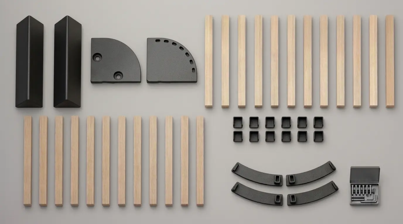Every part of the kit laid out: black column and hub plate, wood posts and bent arms, brackets, four curved rail sections and a hardware box