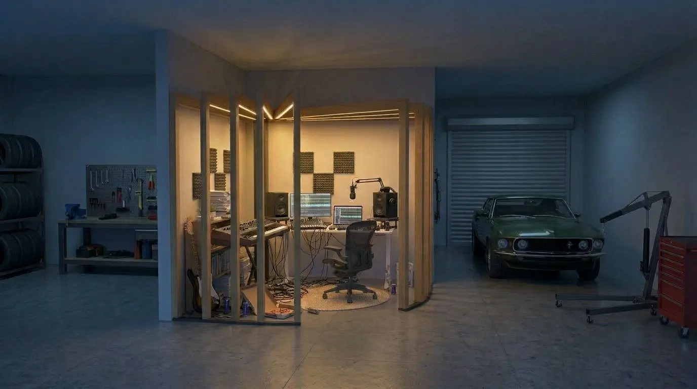 Corner Pod at night in a car restoration garage with a vintage car, engine hoist and tool chest, a music studio desk inside