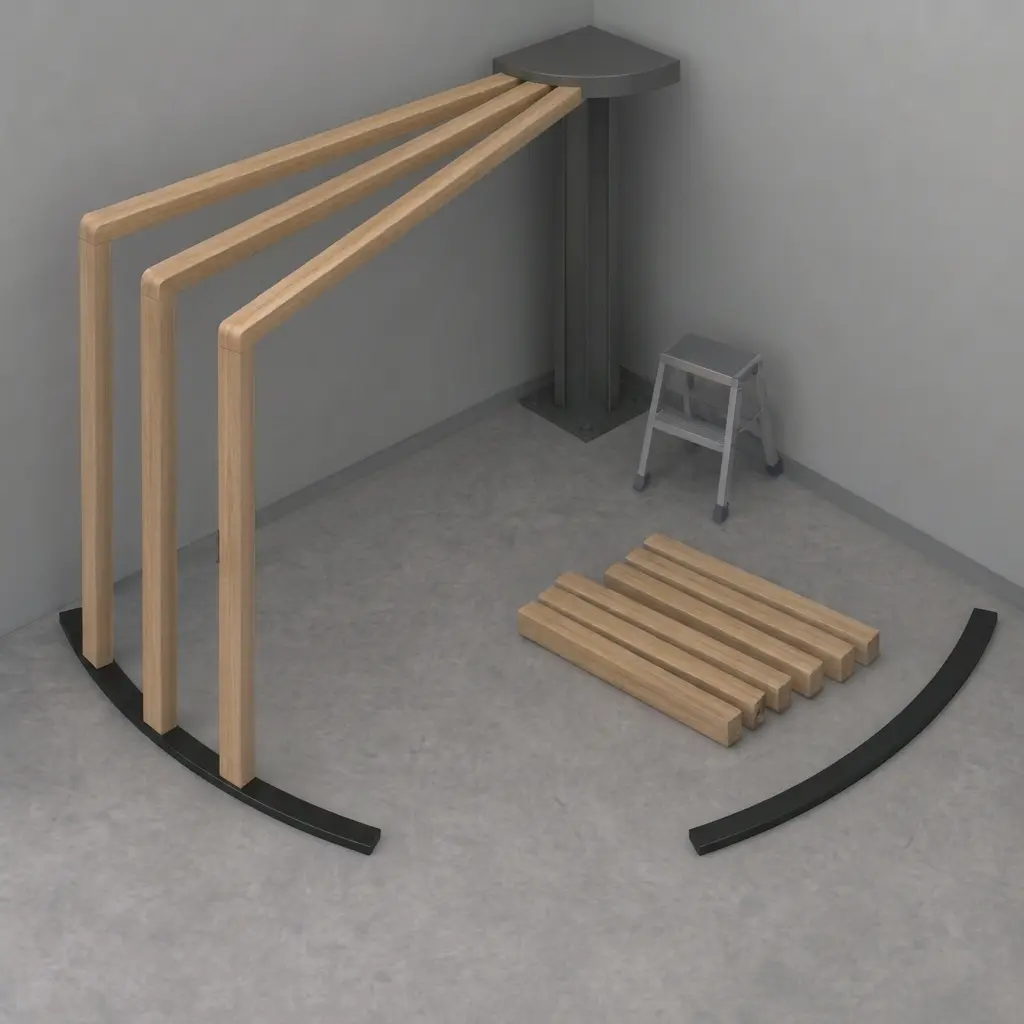 Corner Pod going up in a room corner: black column in the corner, a curved floor rail, three wood arms standing and the rest stacked beside a step stool