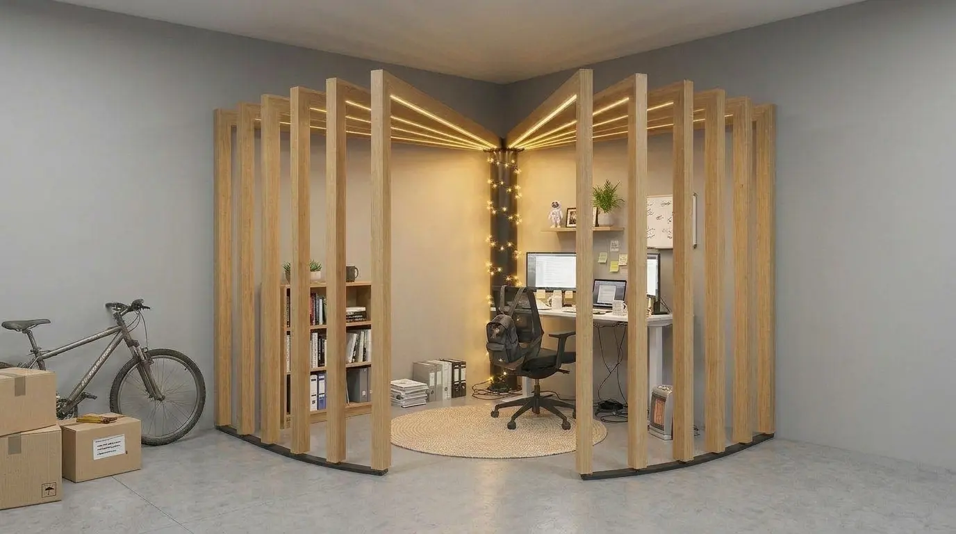 Corner Pod in a garage with a bicycle and cardboard boxes by the wall, a bookshelf, binders and a cluttered desk inside