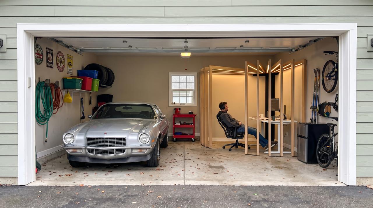 GaragePod in the back corner of a two-car garage with a person at the desk, a silver classic car parked beside it