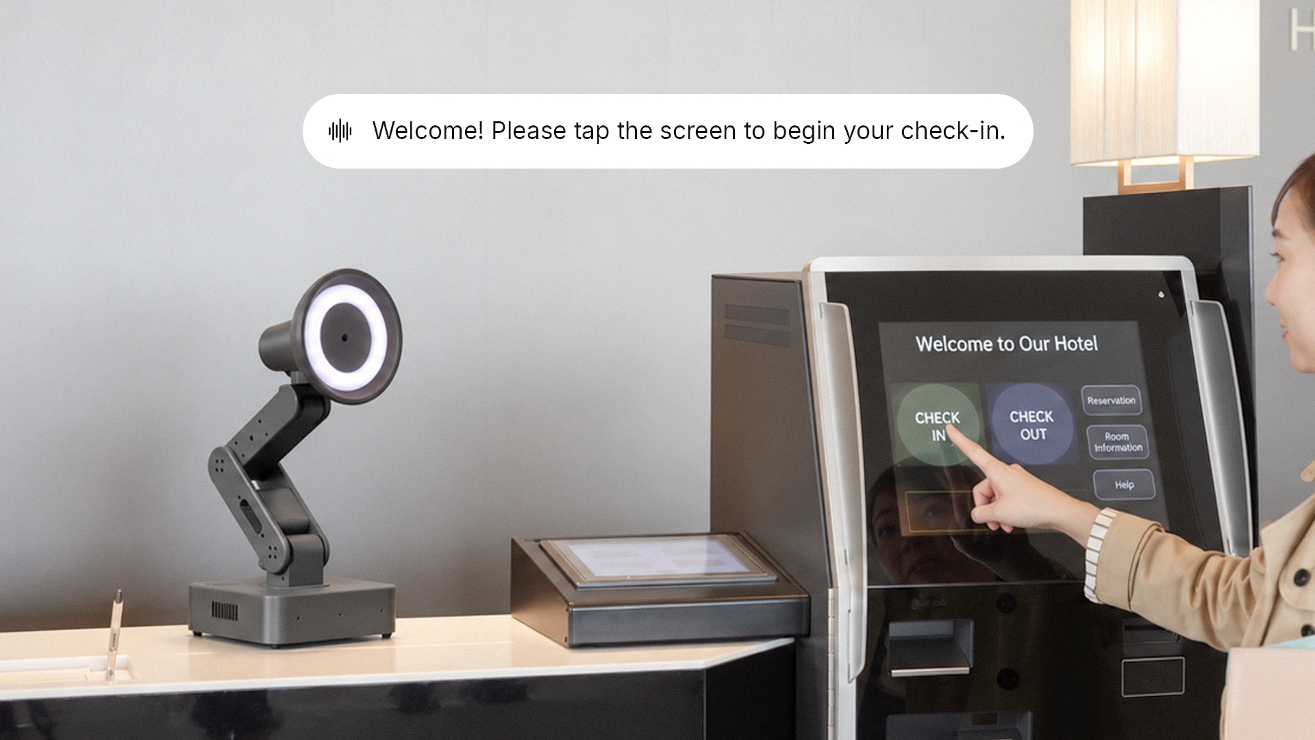 Concept of Lamp welcoming a guest with a suitcase at a hotel front desk