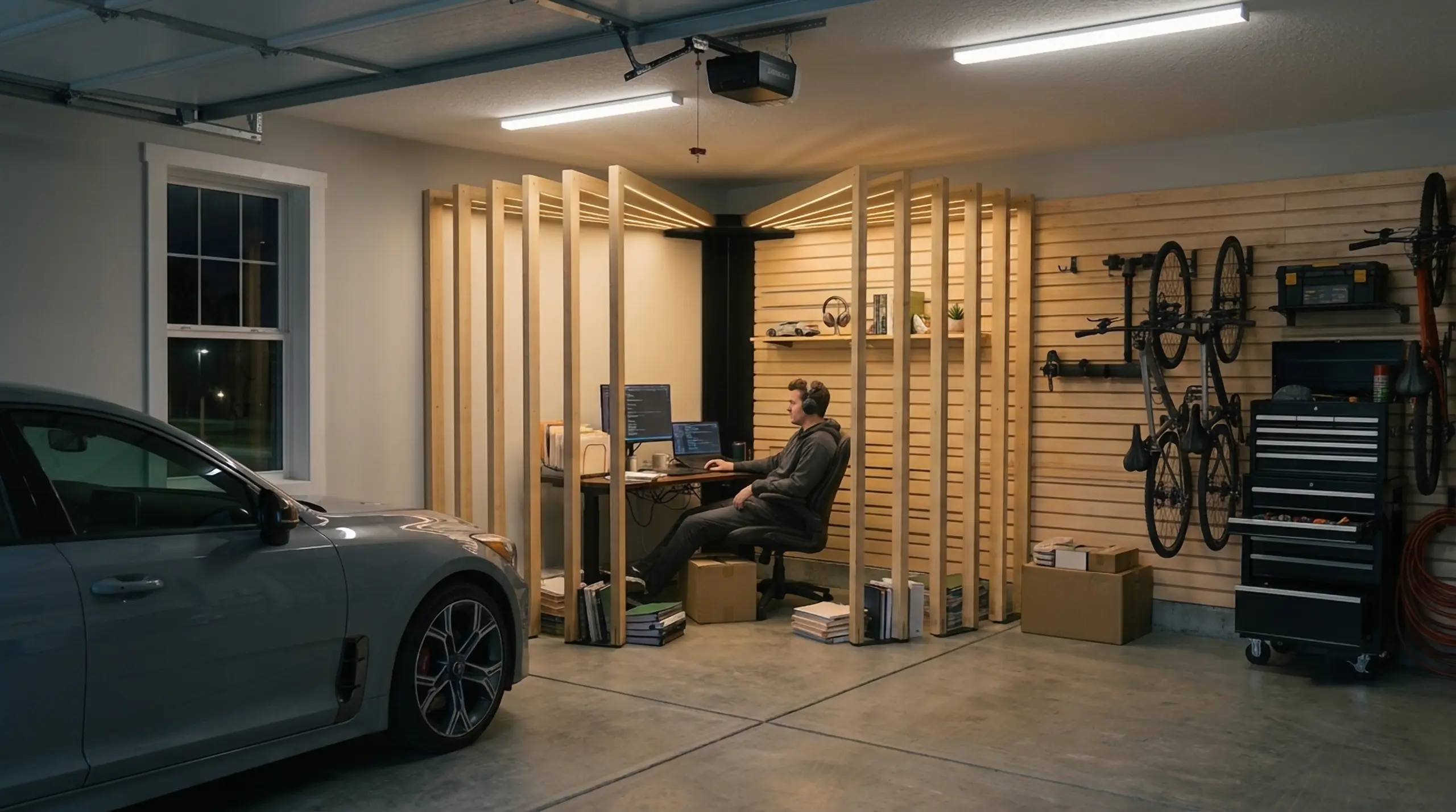 GaragePod work corner beside a parked car in a garage at night, a person at the desk and bikes on the wall