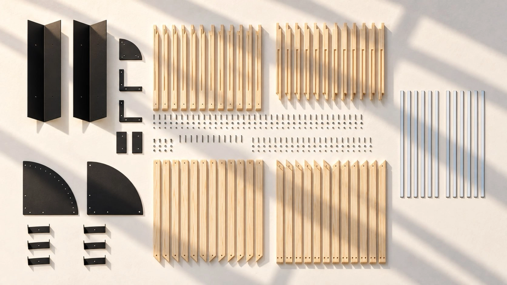 Every part of the kit laid out: black column and hub plate, wood posts and bent arms, brackets, four curved rail sections and a hardware box
