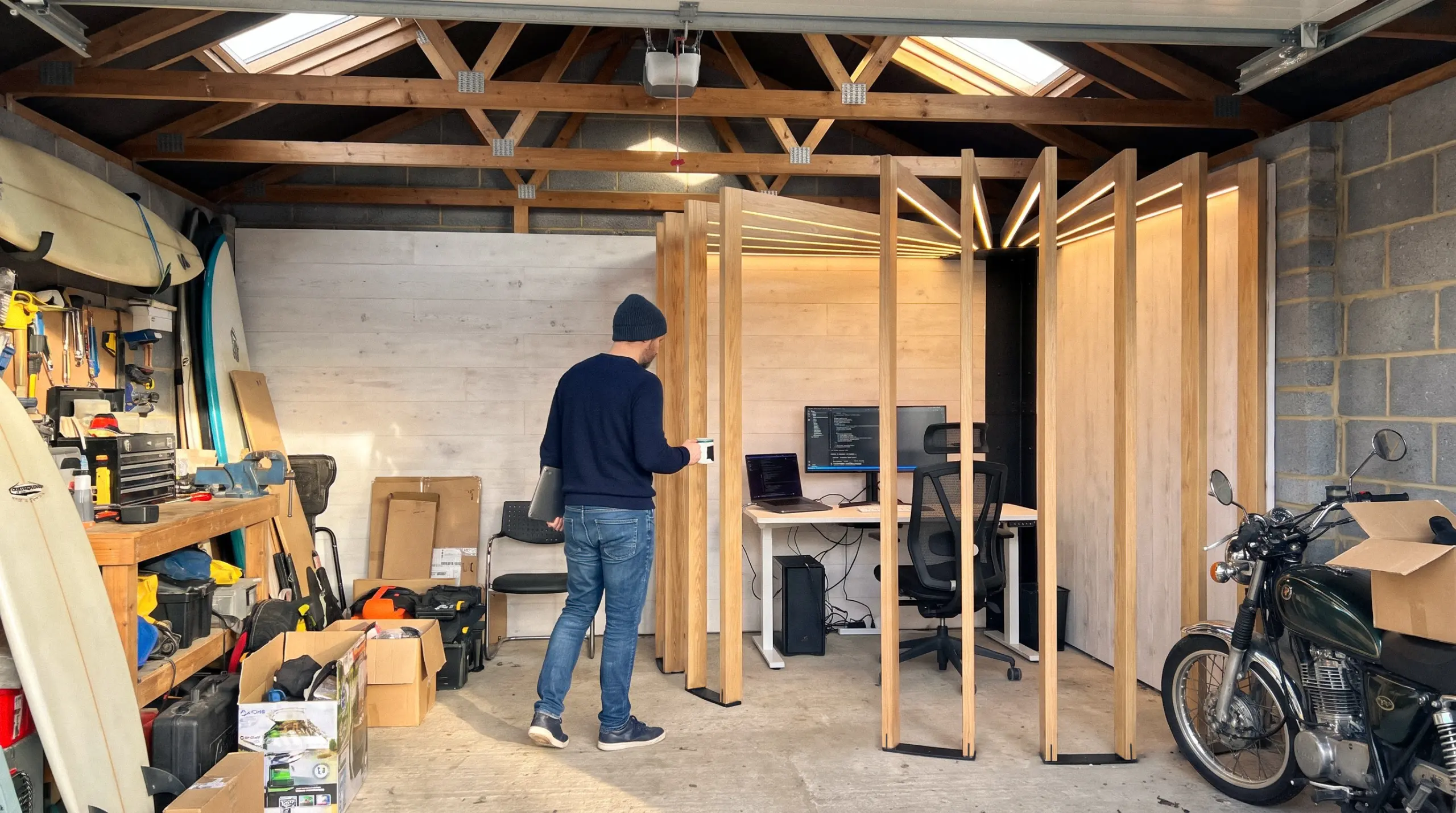 Corner Pod at night in a car restoration garage with a vintage car, engine hoist and tool chest, a music studio desk inside