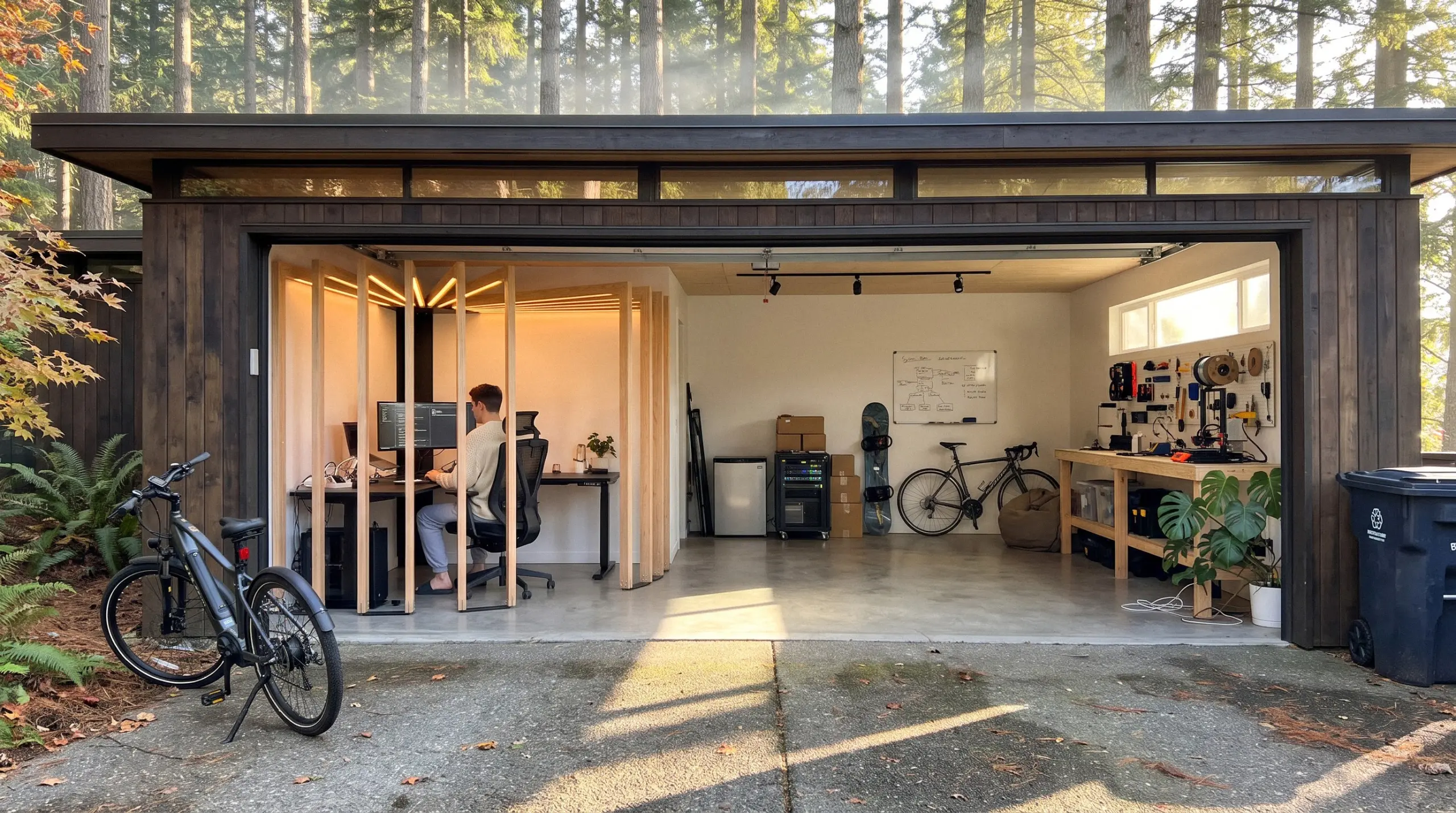 Wide view of a tidy garage with a small SUV, pegboard and grey shelves, and Corner Pod in the back corner