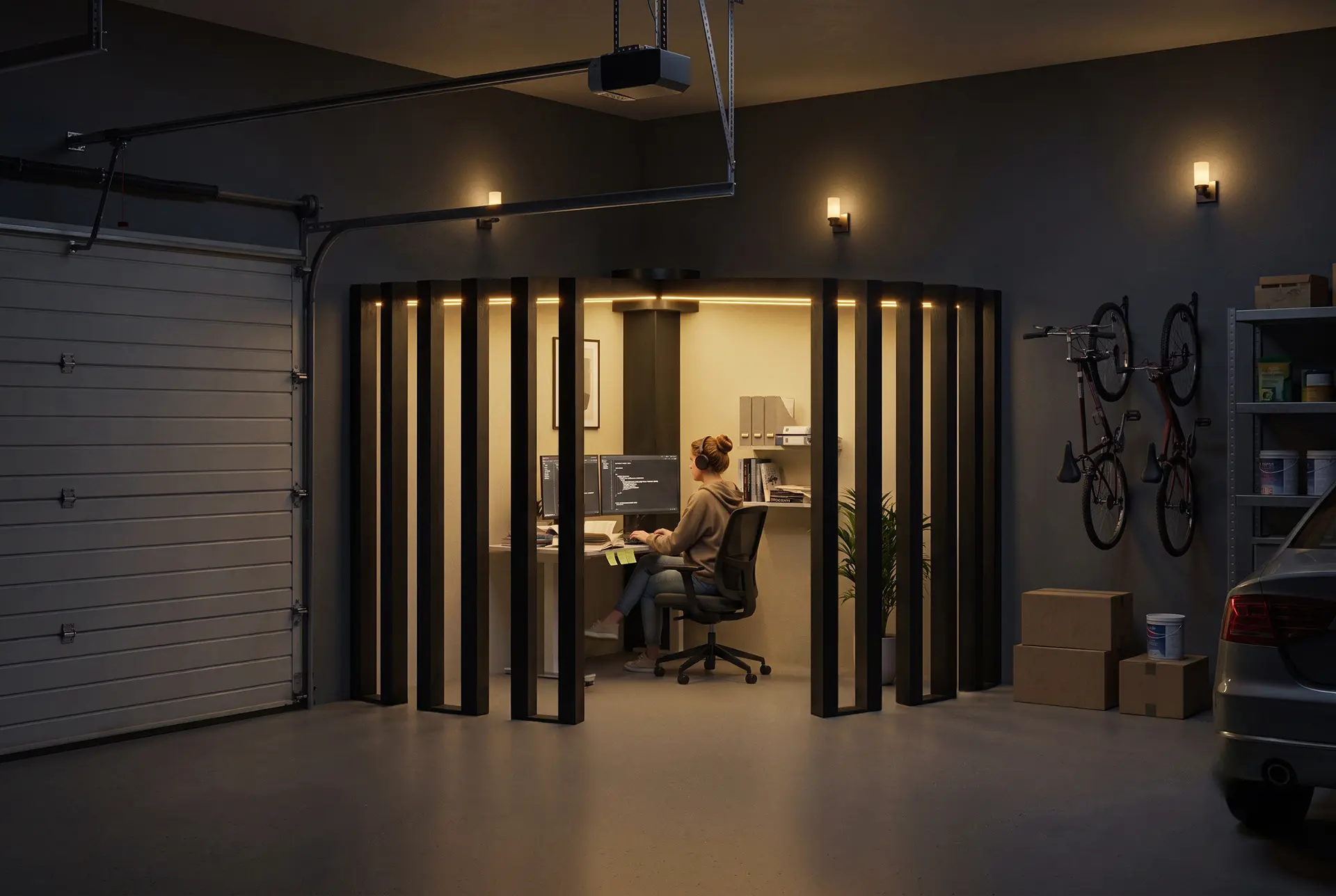 GaragePod lit at night inside a closed garage, a person working at a two-monitor desk, bikes on the wall