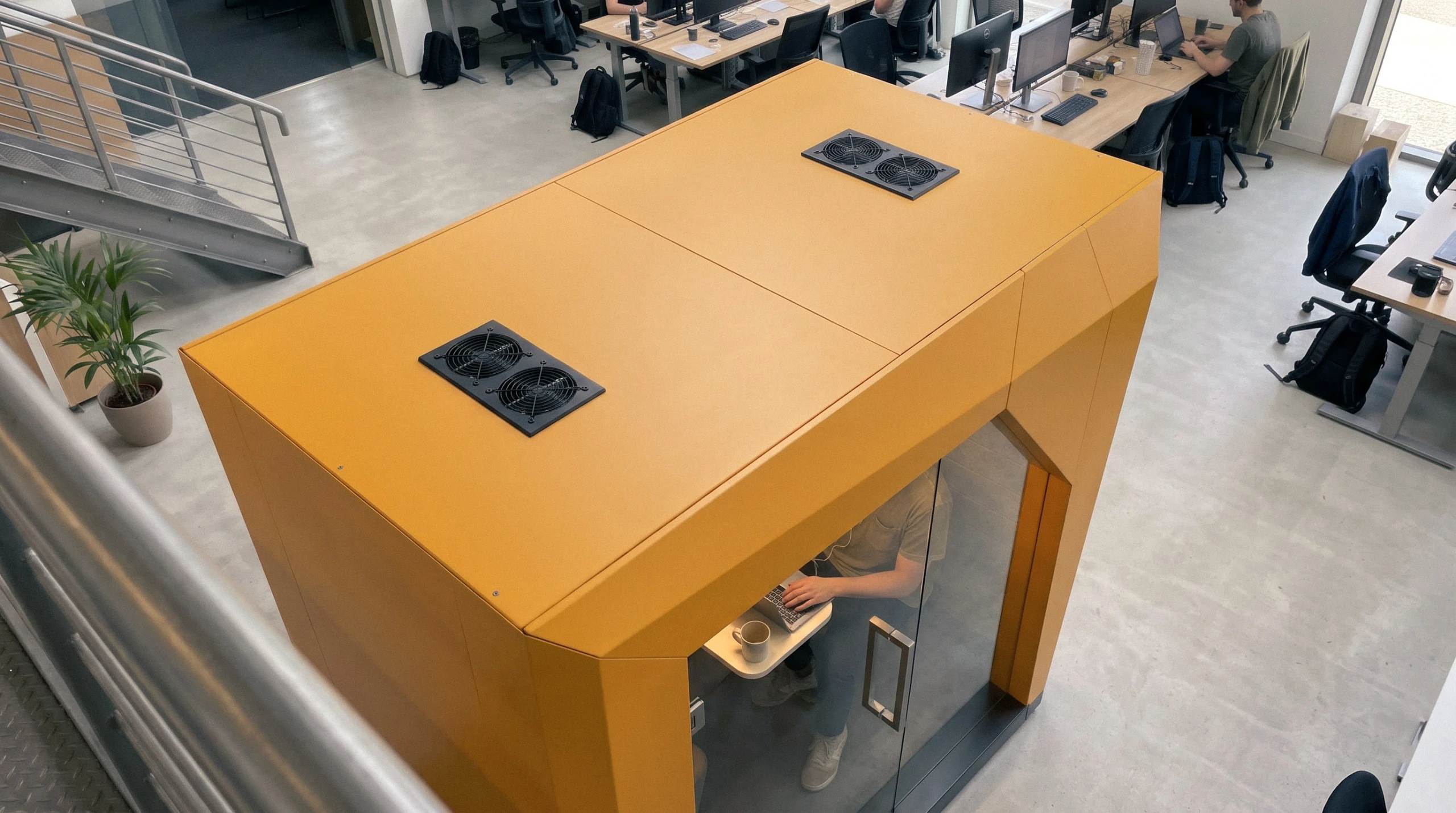 FocusPod roof from above: two recessed twin-fan vent modules, one near each end