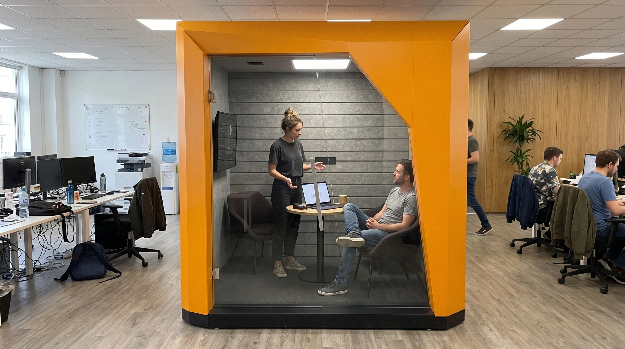 FocusPod in an open office, two people inside for a quick sync: a man in the lounge chair, a woman standing by the laptop table pointing at a document on the curved screen