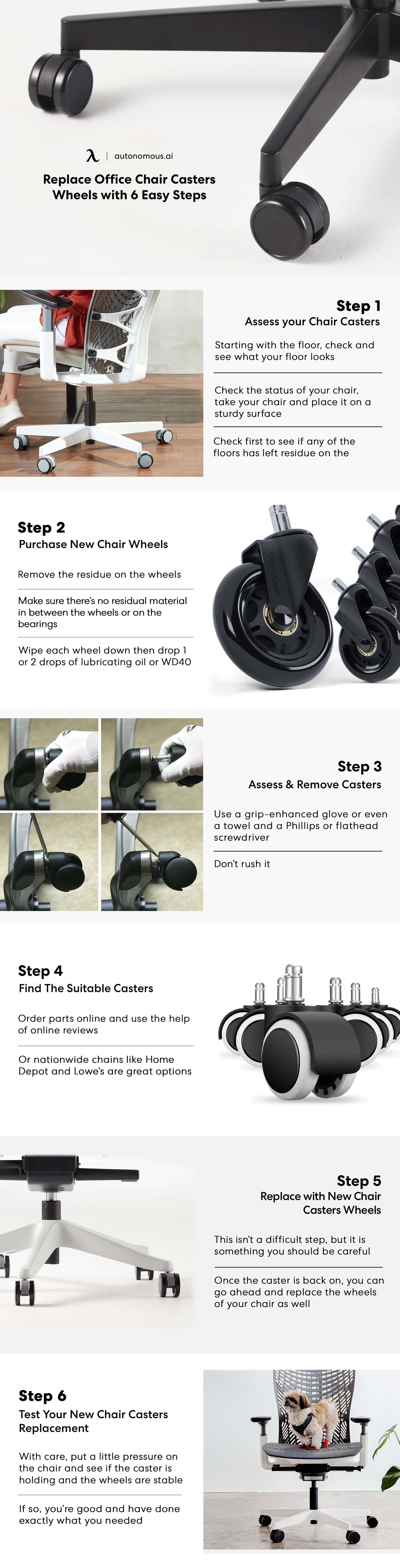Replace office chair casters wheels with 6 steps