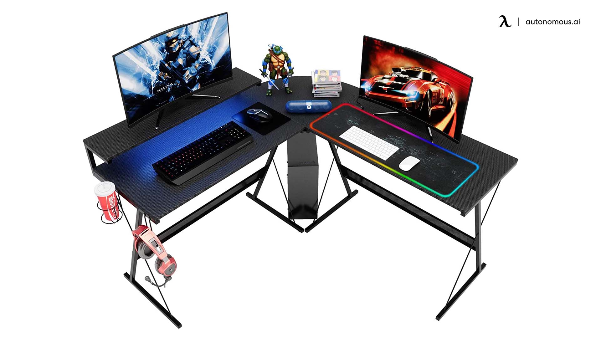 Bestier 95.2 inch L Shaped Gaming Desk with LED Light Home Office Desk with  Monitor Stand & Keyboard Tray in Carbon Fiber