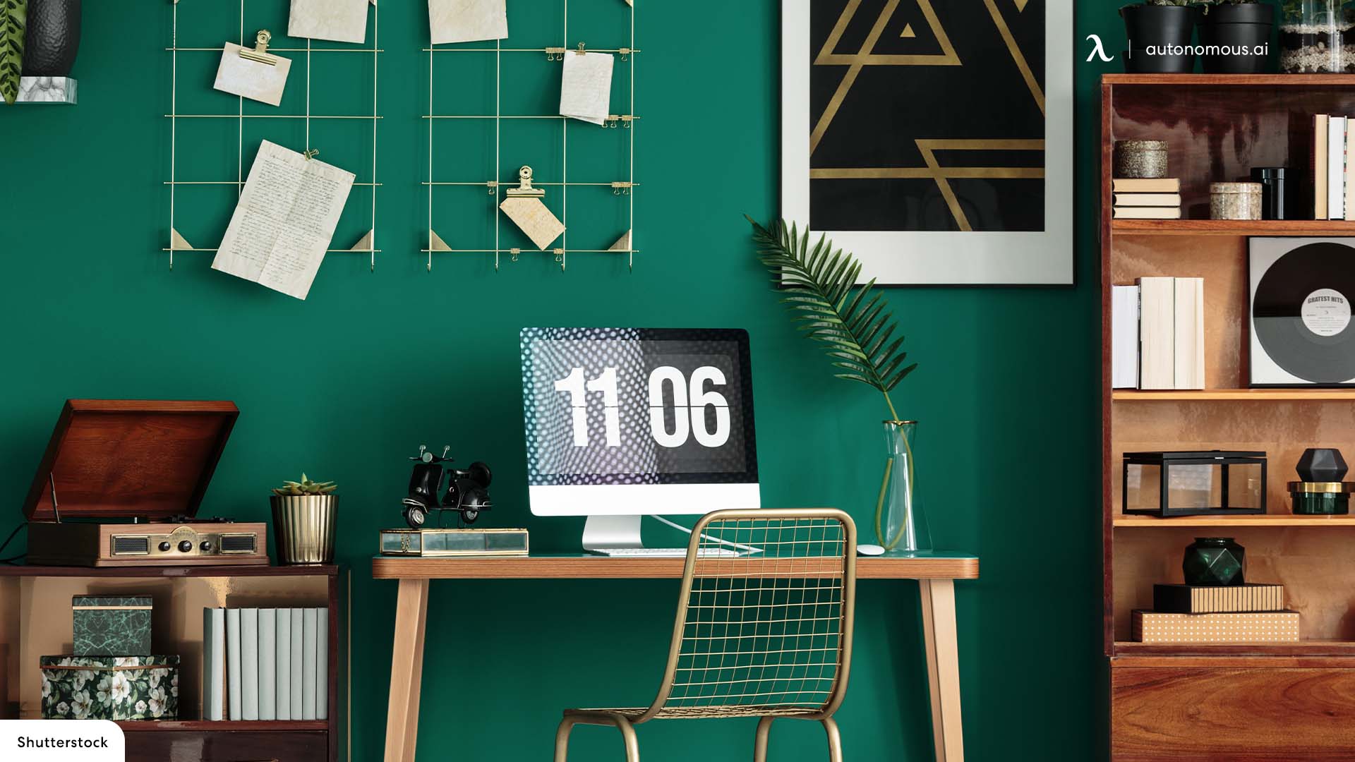 Tropical wallpapers in dark green home office