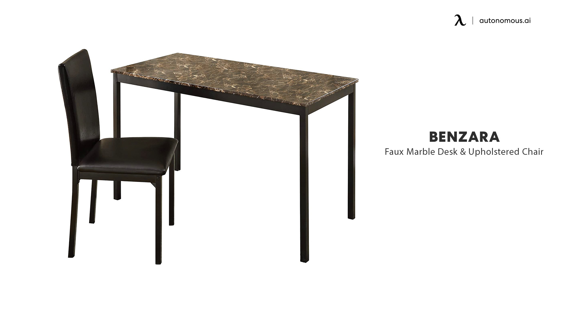 Faux Marble Writing Desk With Leatherette Upholstered Metal Chair, Black