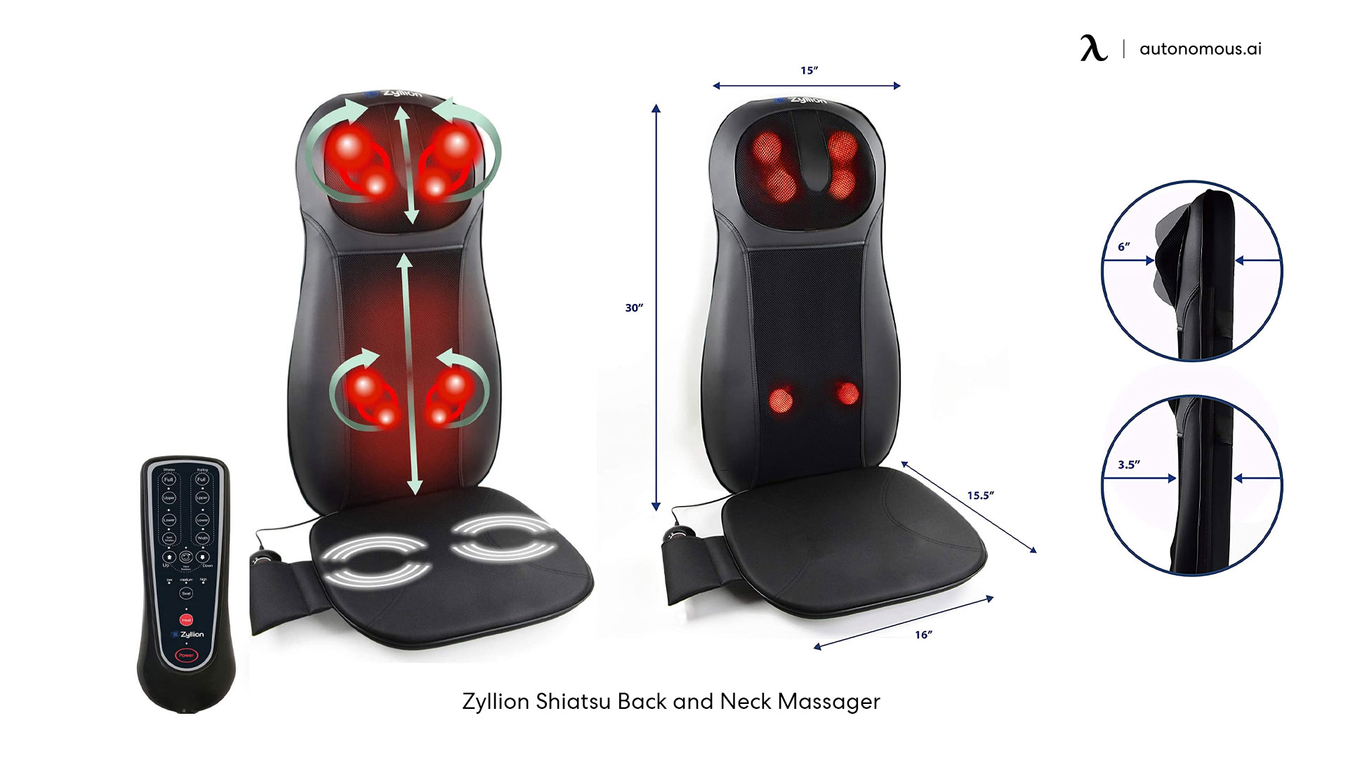 Zyllion Shiatsu Neck and Back Massager Cushion Pad for Chair with Heat and Remote Control (ZMA-14)