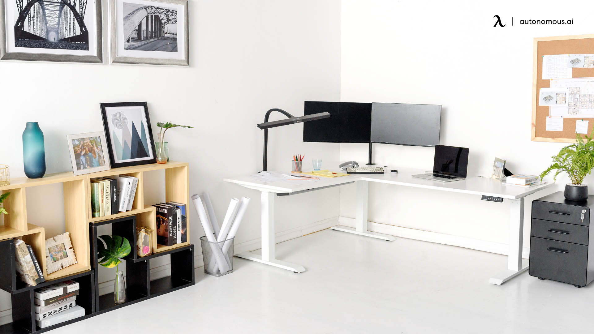 The location of the desk in L-shaped desk office layout