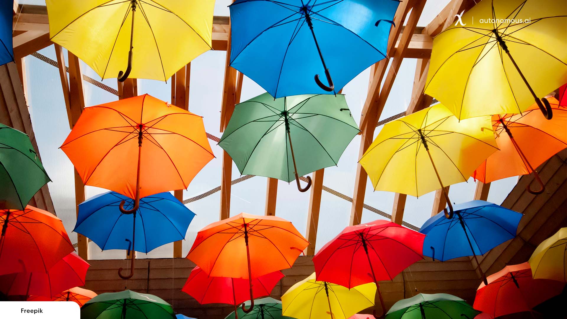 Umbrella hung from the ceiling spring office decorating