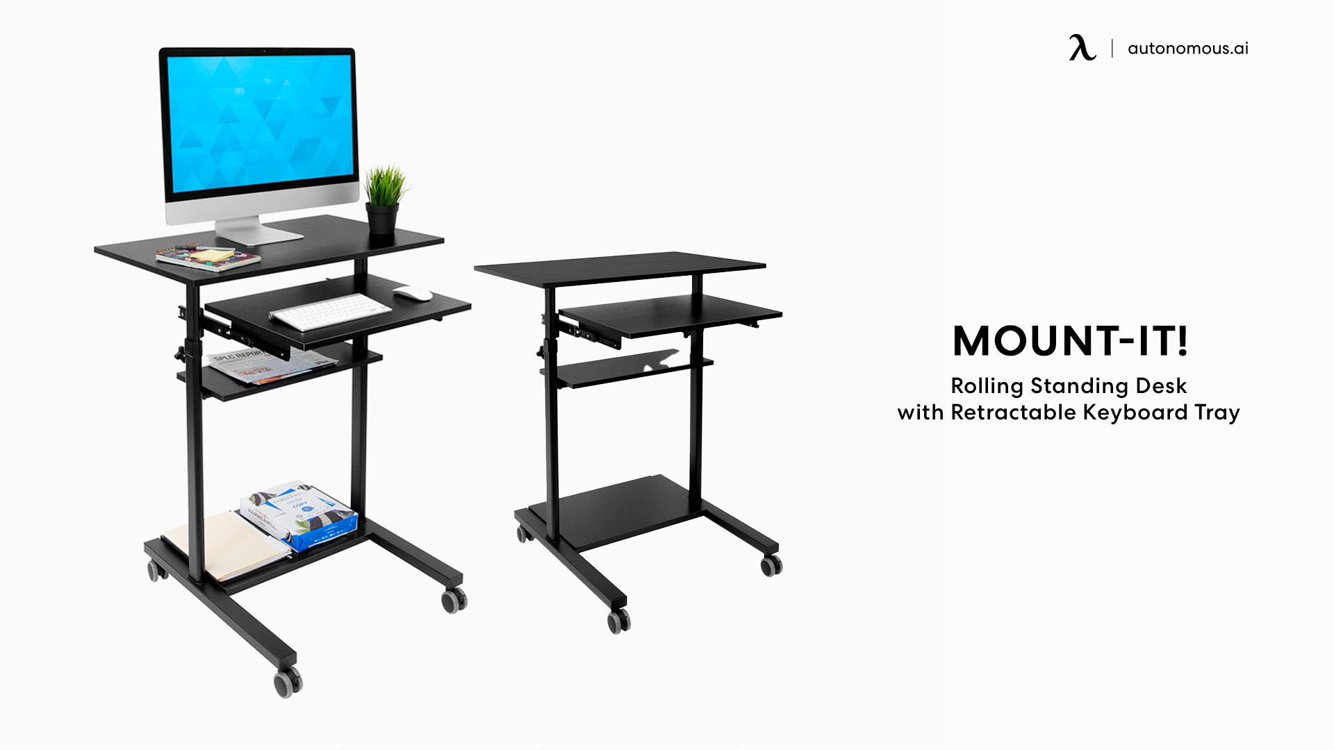 Standing Desk with Keyboard Tray 26x18 Compact Home and Office Workstation with Gas Spring Lift Height Adjustable 2 Tier Rolling Laptop & Monitor Stand CO-Z Mobile Stand Up Computer Desk Black 