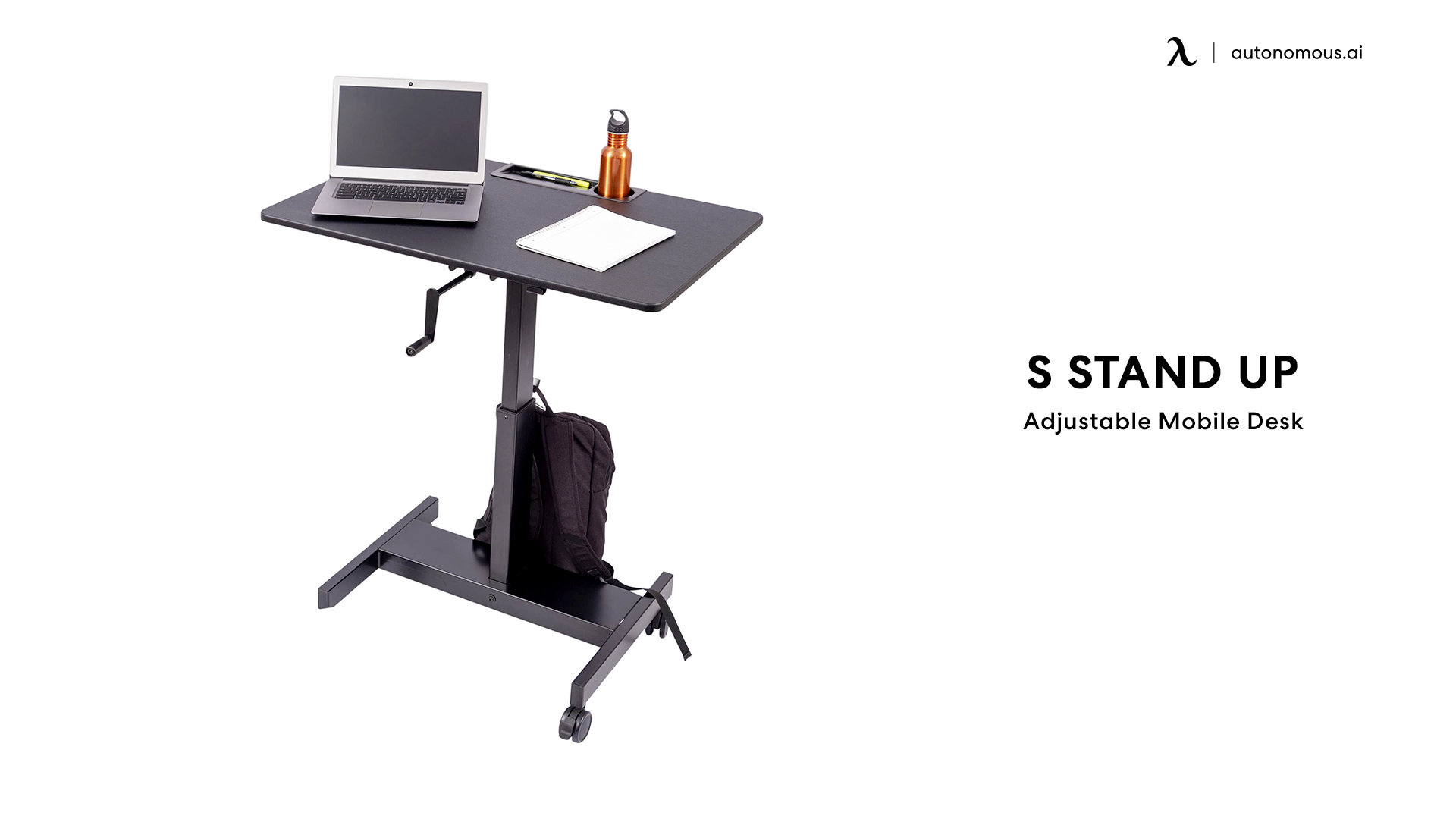 S STAND UP DESK STORE Crank Adjustable Height Single Column Rolling Mobile Standing Desk