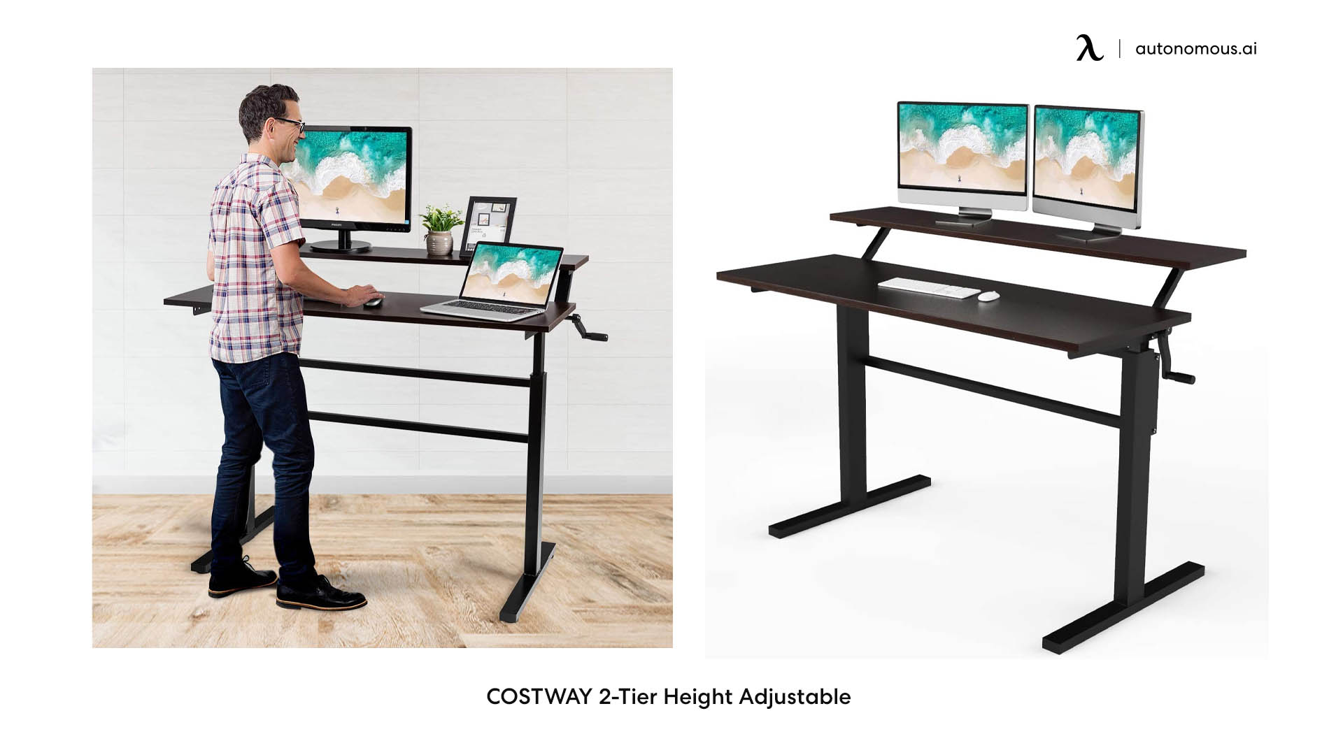 COSTWAY 2-Tier Height Adjustable crank standing desk