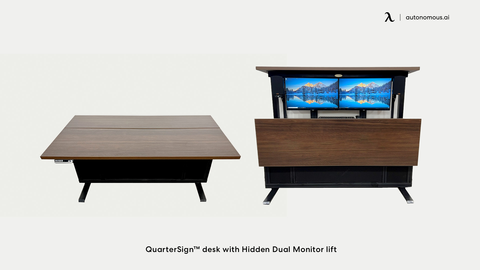 QuarterSign™ desks that hide monitors