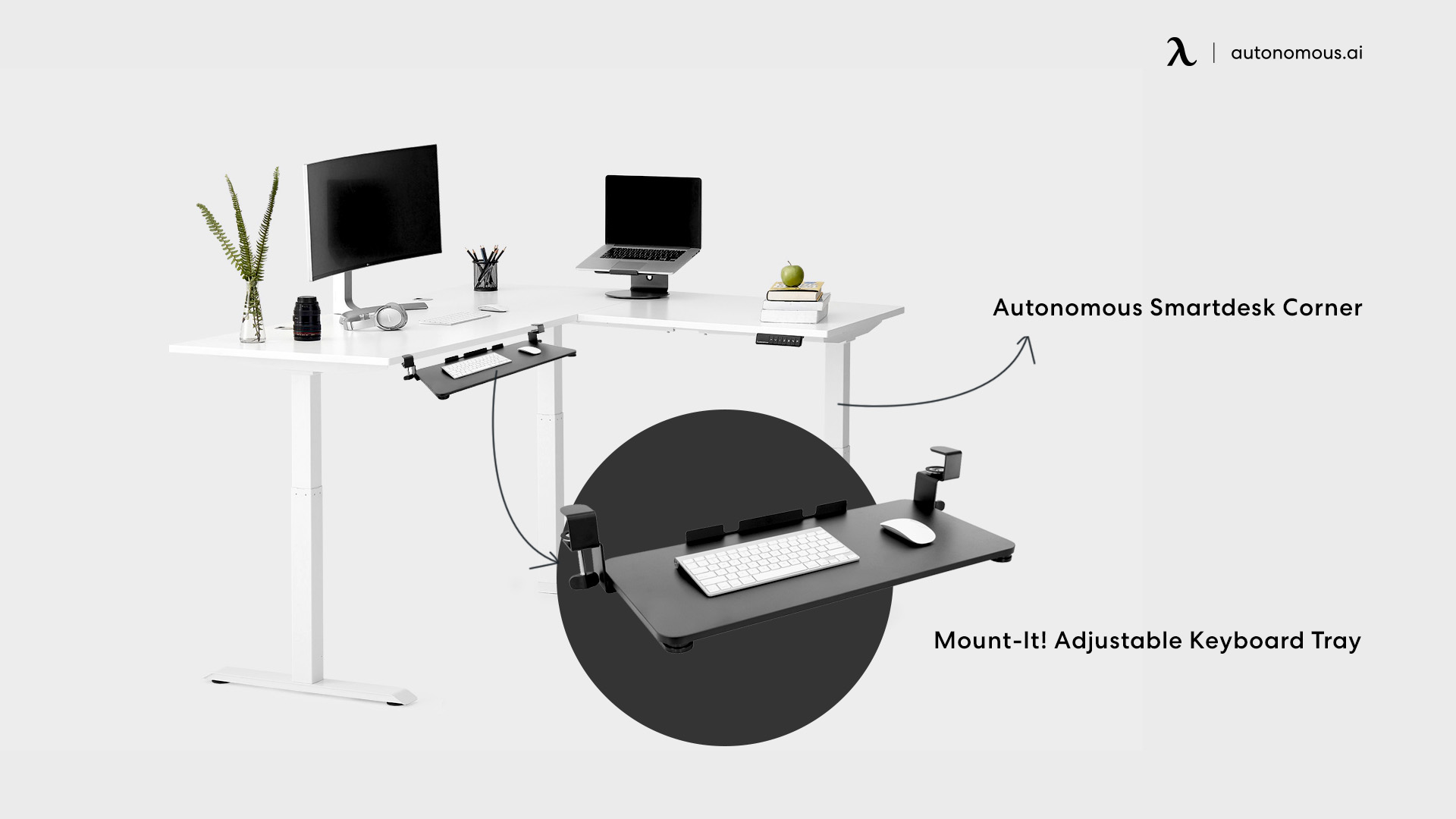 Autonomous SmartDesk Corner l shaped desk with keyboard tray