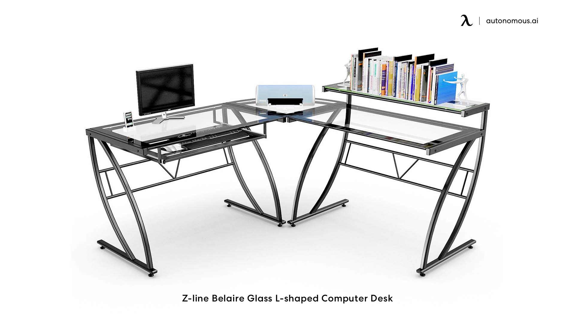 Z-line Belaire Glass l-shaped desk with keyboard tray