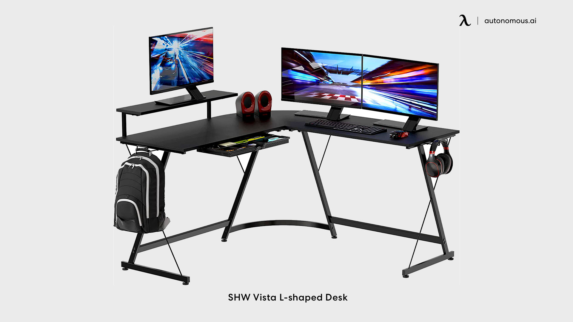 SHW Vista L-shaped Desk with Keyboard Trays and Monitor Stand