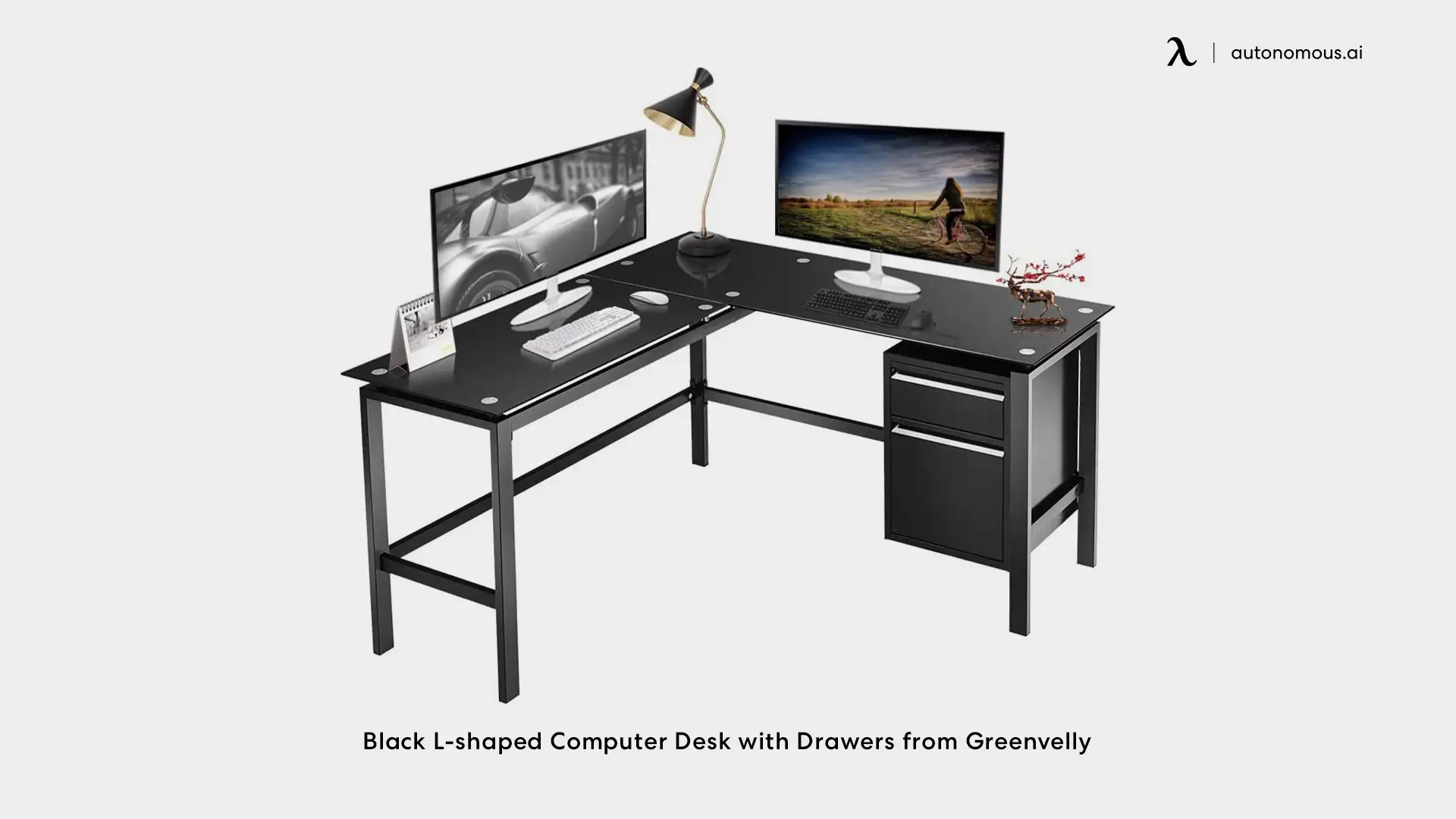 Black L-shaped Computer Desk with Drawers from Greenvelly