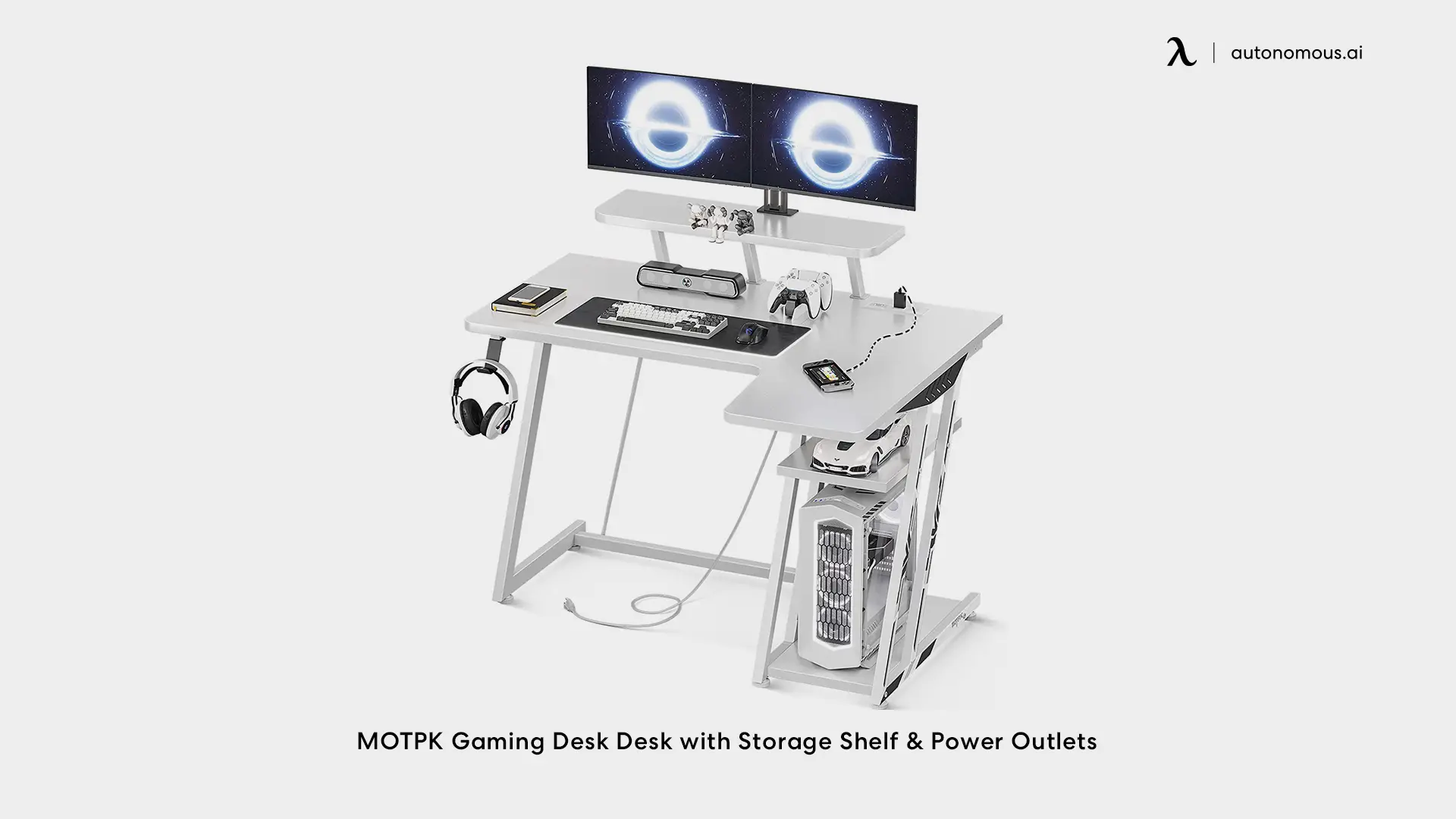 MOTPK Gaming Desk Desk with Storage Shelf & Power Outlets
