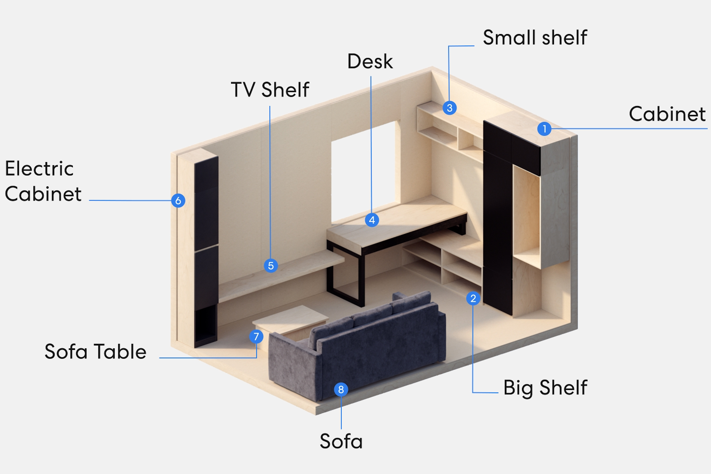 Small office shed layout with a desk, sofa, shelves, and built-in storage