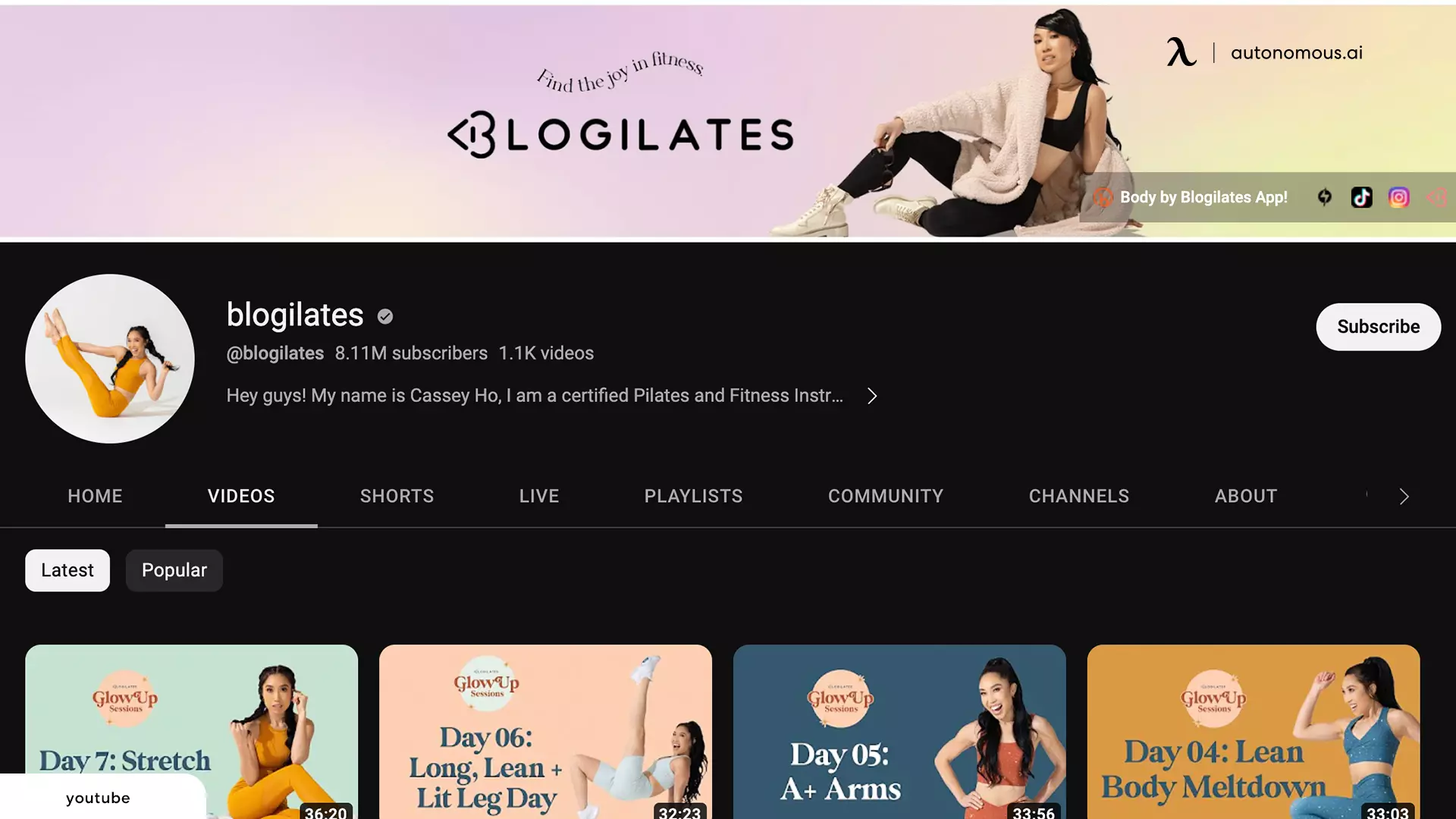 Blogilates - best workout Youtube channels