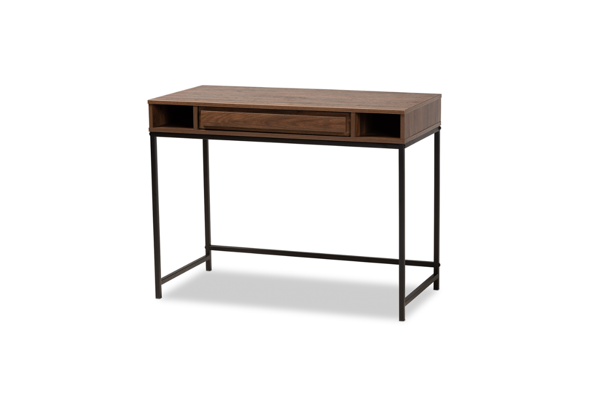Skyline Decor Walnut Brown Wood & Black Metal Desk