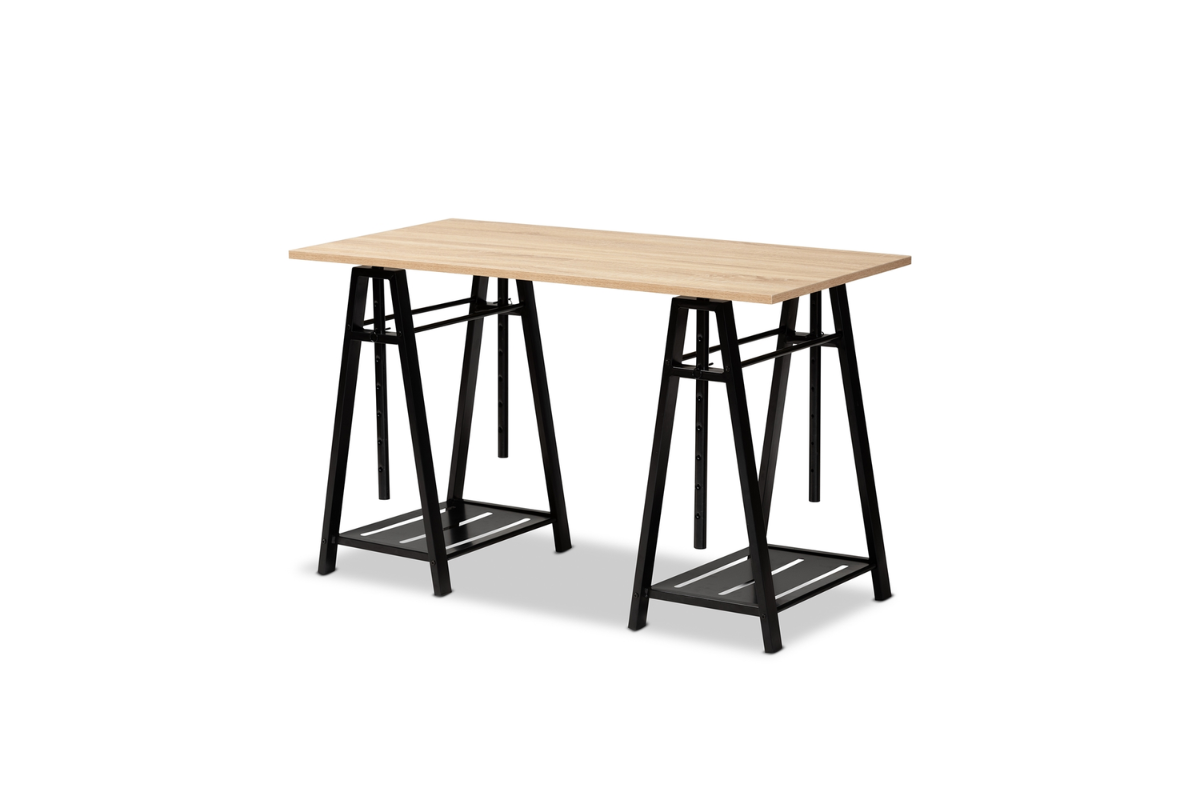 Skyline Decor Oak  Wood And Black Metal Desk: Height Adjustable