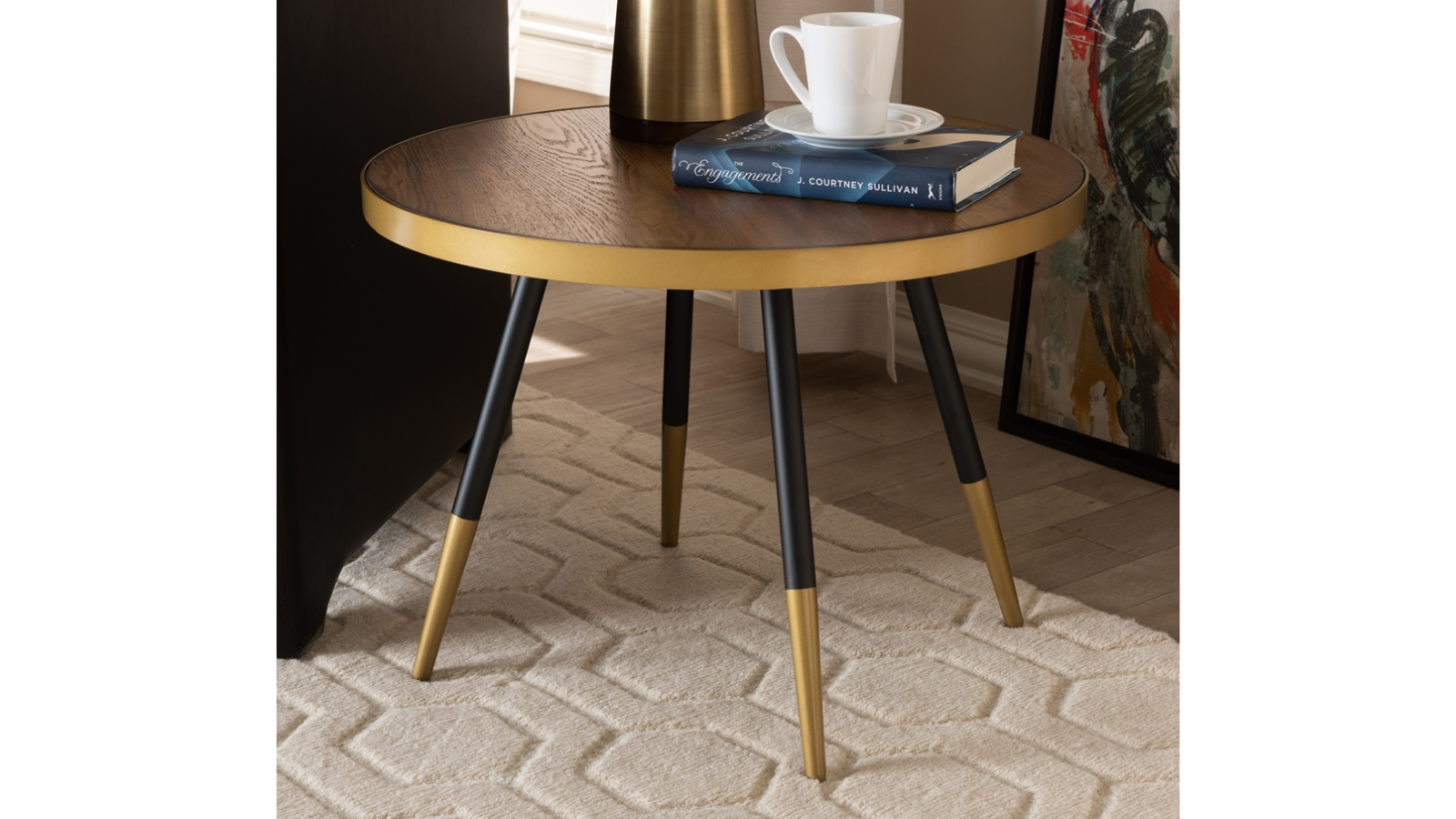 Skyline Decor ROUND WALNUT WOOD AND METAL COFFEE TABLE