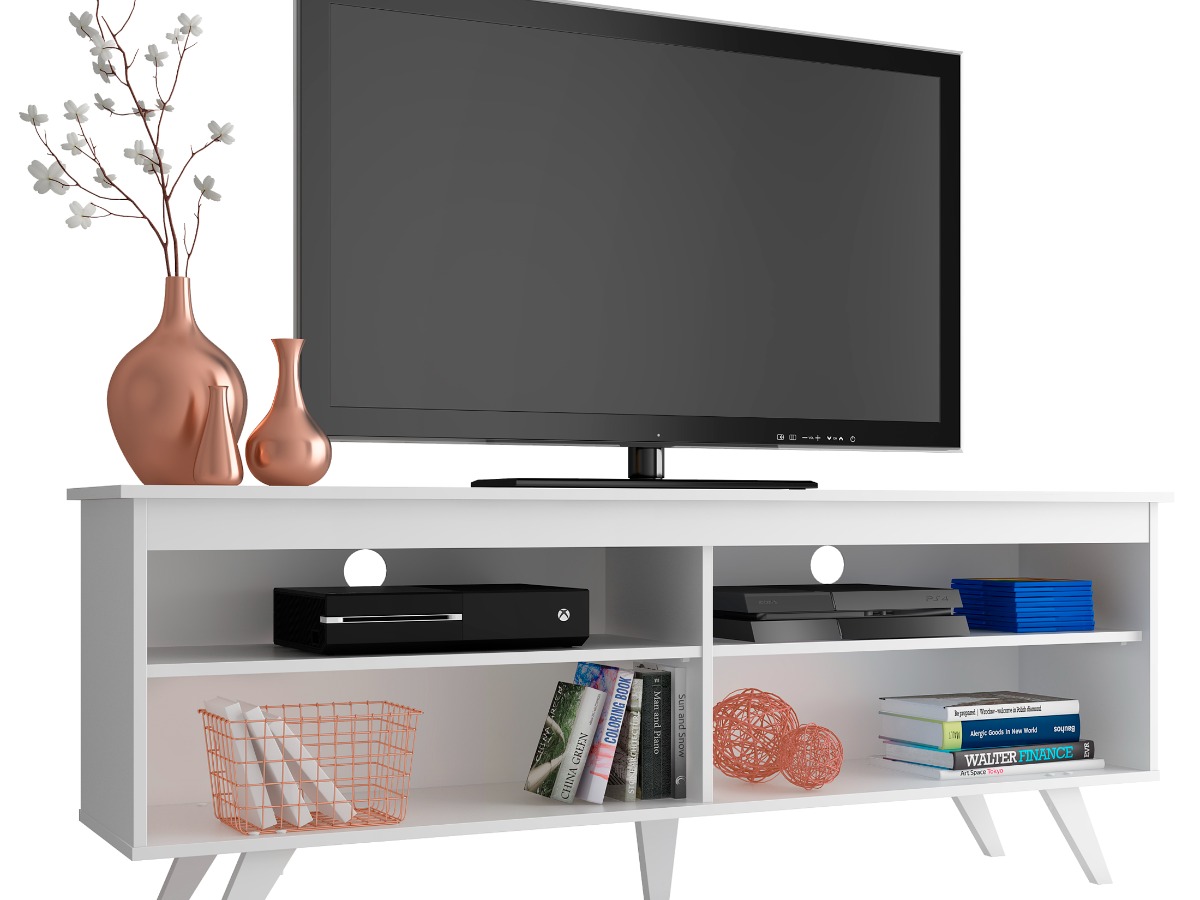 TV Schrank Mit 2 Türen & 2 Regalen – Für Fernseher Bis 55 Zoll, 136x40x60 Cm, Aus Holzwerkstoff (Weiß)