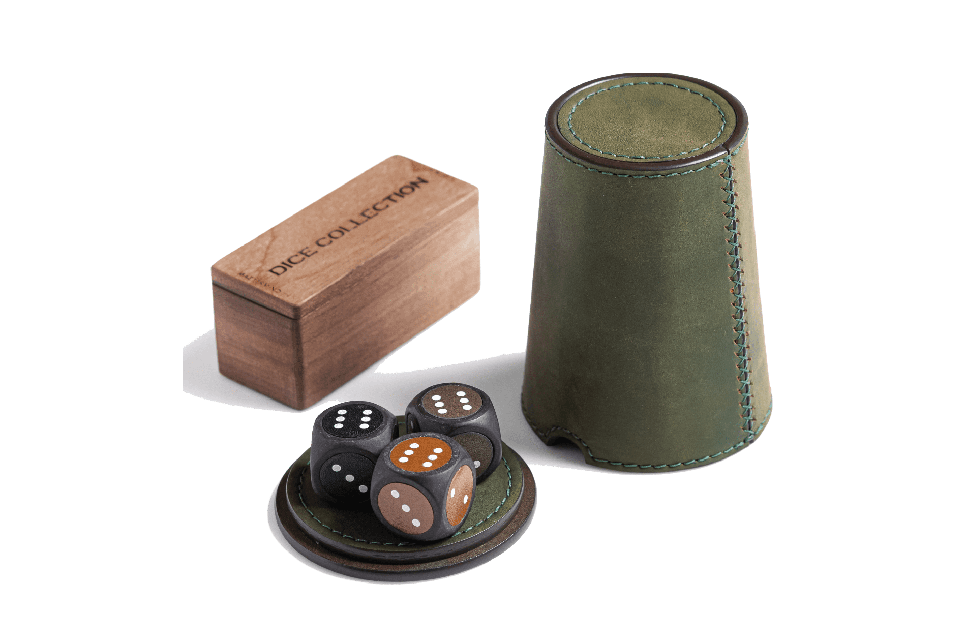 Olive green dice shaker & black dice set