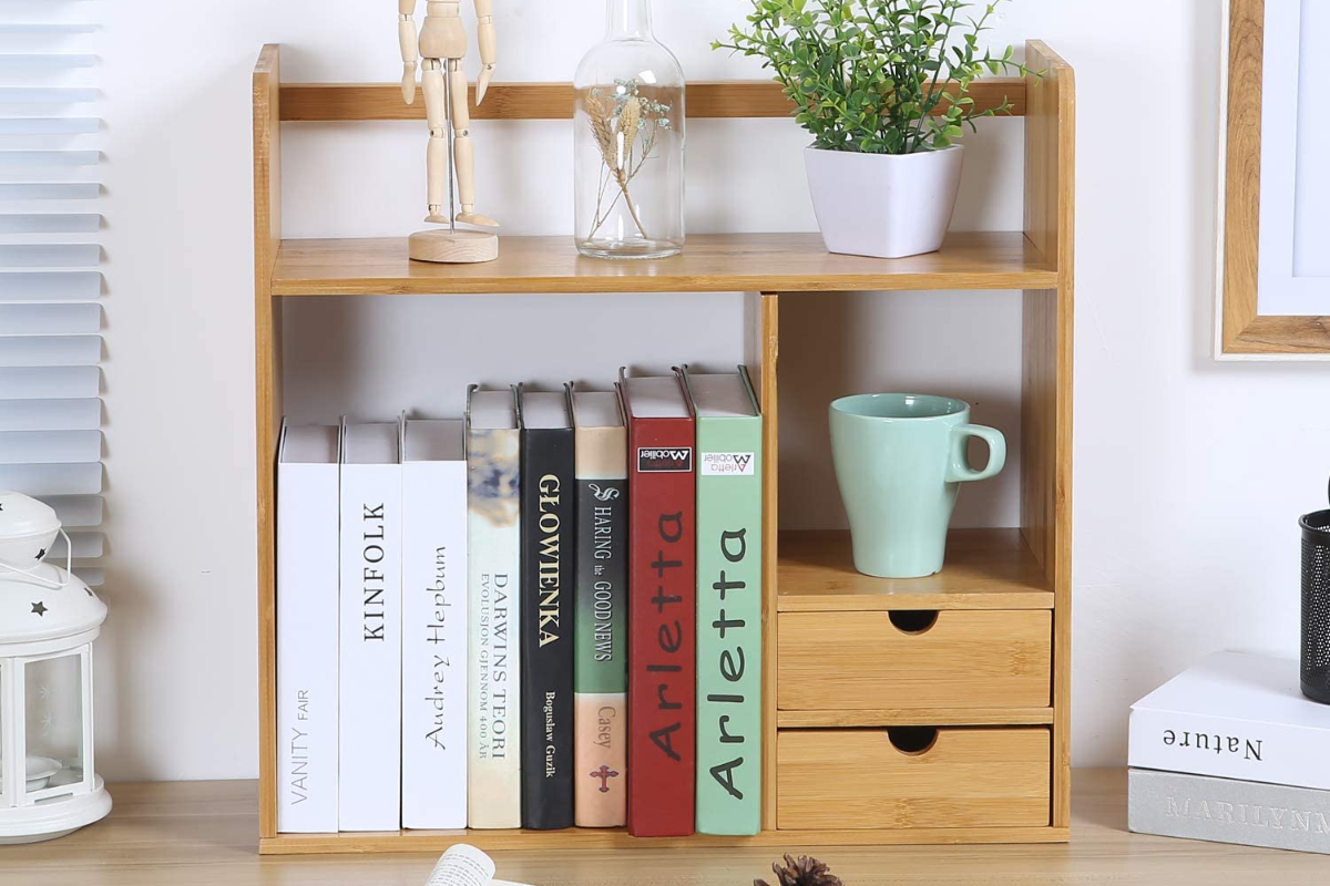 Maydear Bamboo Desktop Bookshelf with 2 drawers Double Layer