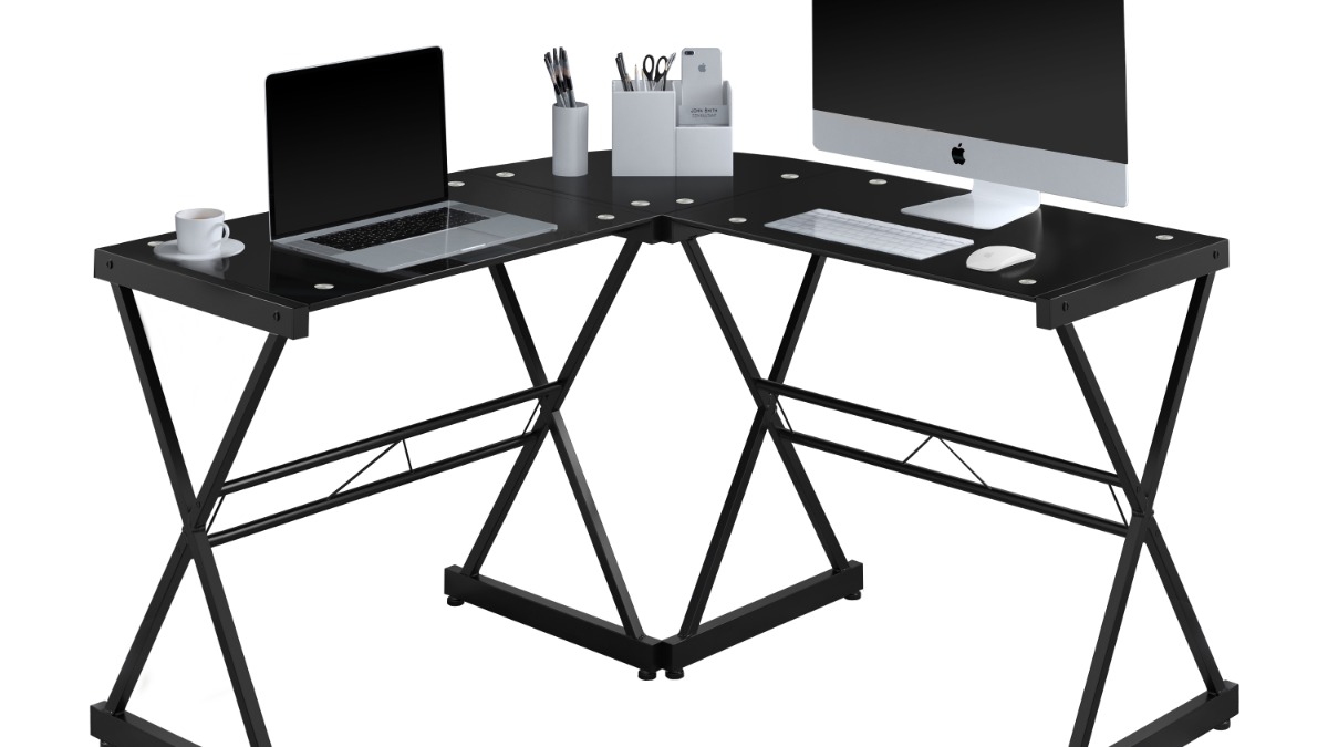 Glass Desk Techni Mobili L-Shaped Tempered Glass Top Computer Desk With ...
