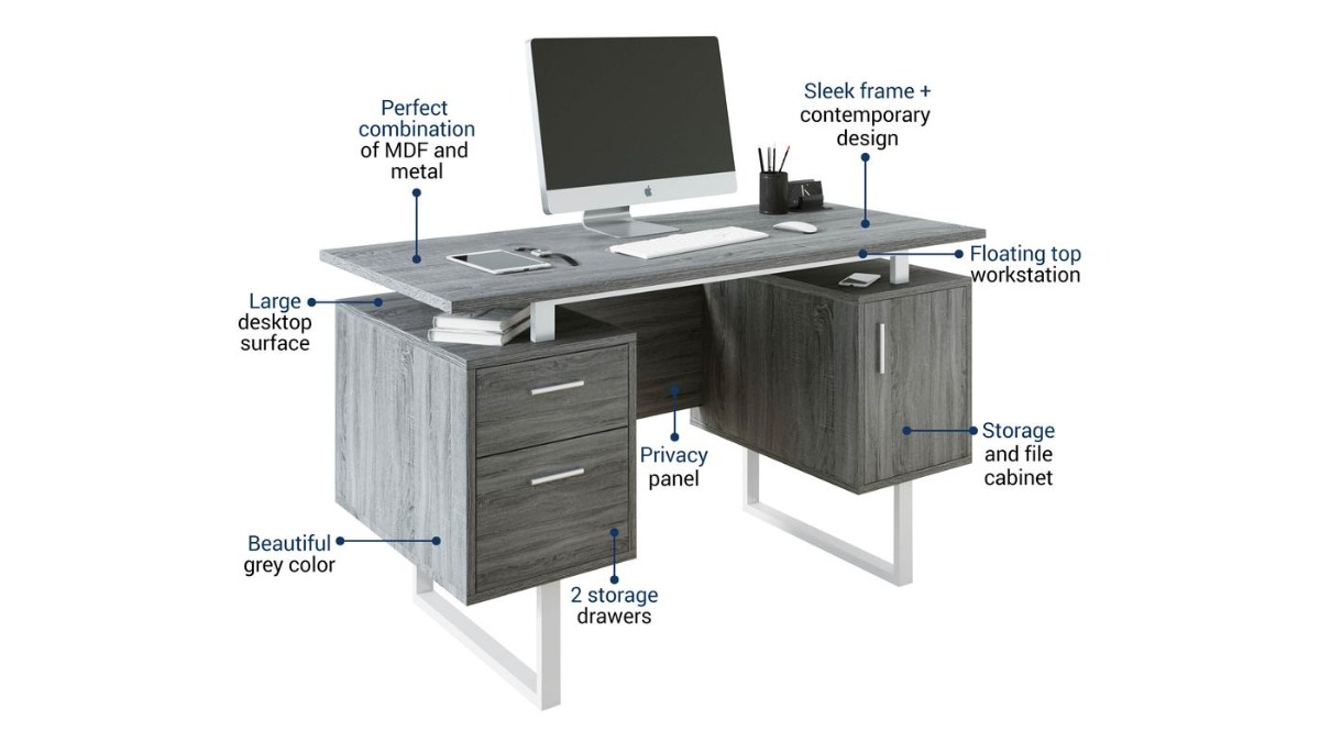 Modern Office Desk with Storage Gray - Techni Mobili