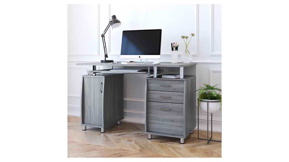 Techni Mobili Complete Workstation Computer Desk with Storage, Grey